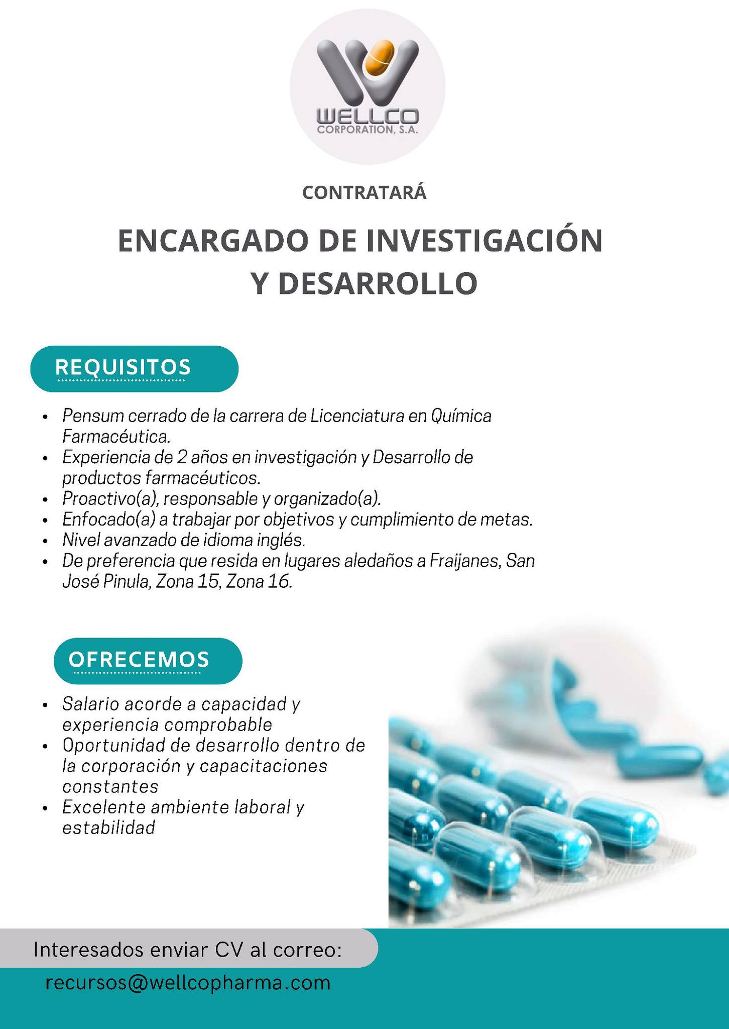 Oferta laboral para Químico (a) Farmacéutico (a) para encargado de investigación y desarrollo