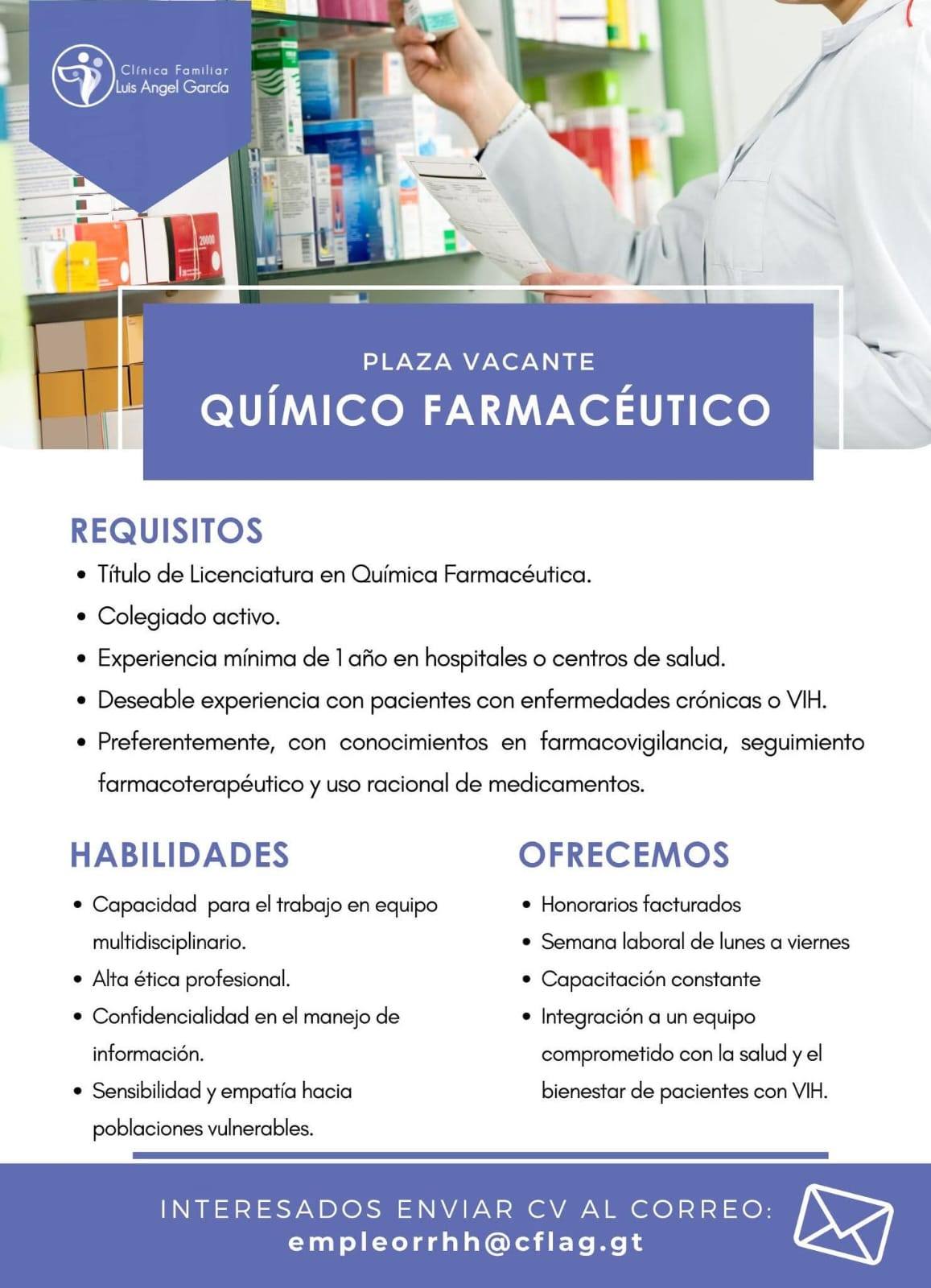 Oferta laboral para Químico (a) Farmacéutico (a)