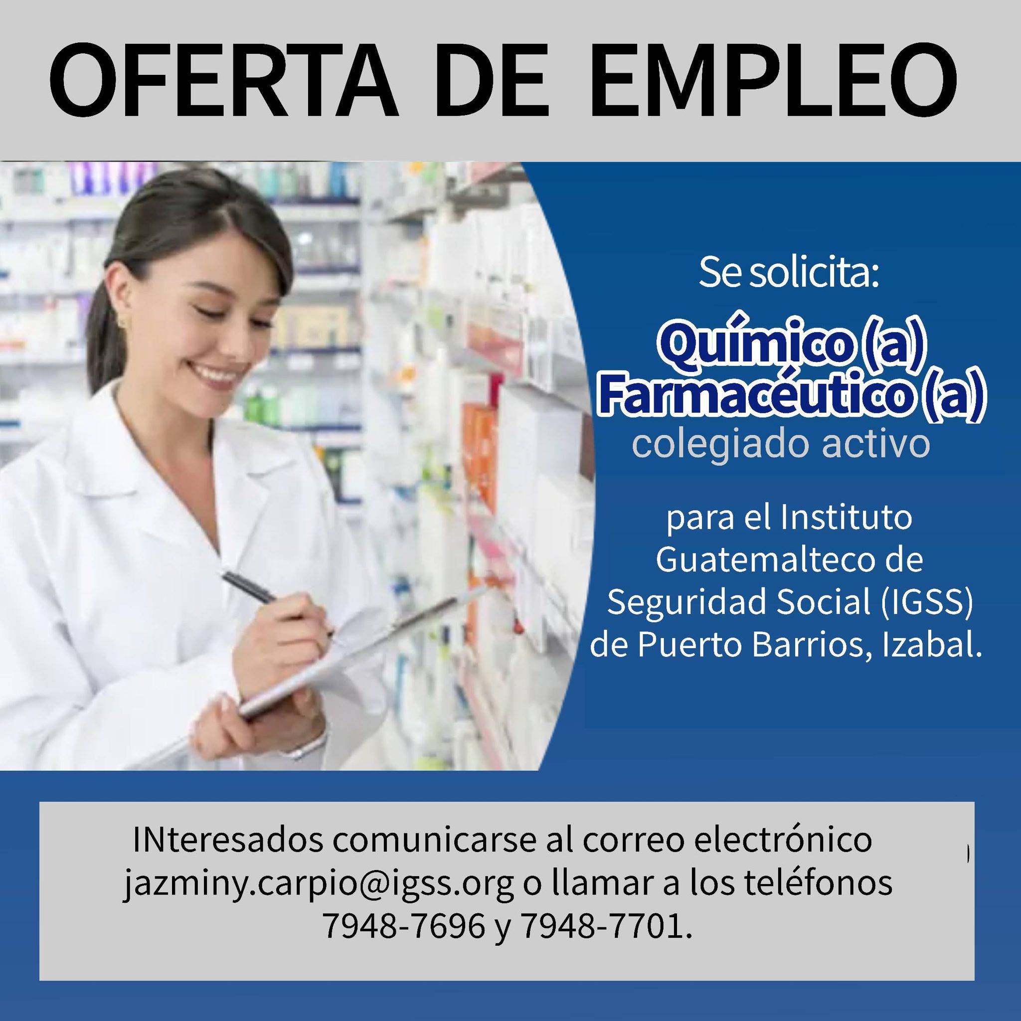 OFERTA LABORAL PARA QUÍMICO (A) FARMACÉUTICO (A) PARA DIRECCIÓN TÉCNICA DE FARMACIA