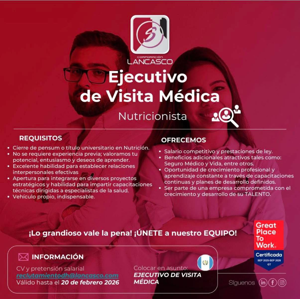 OFERTA LABORAL PARA NUTRICIONISTA PARA EJECUTIVO DE VISITA MÉDICA