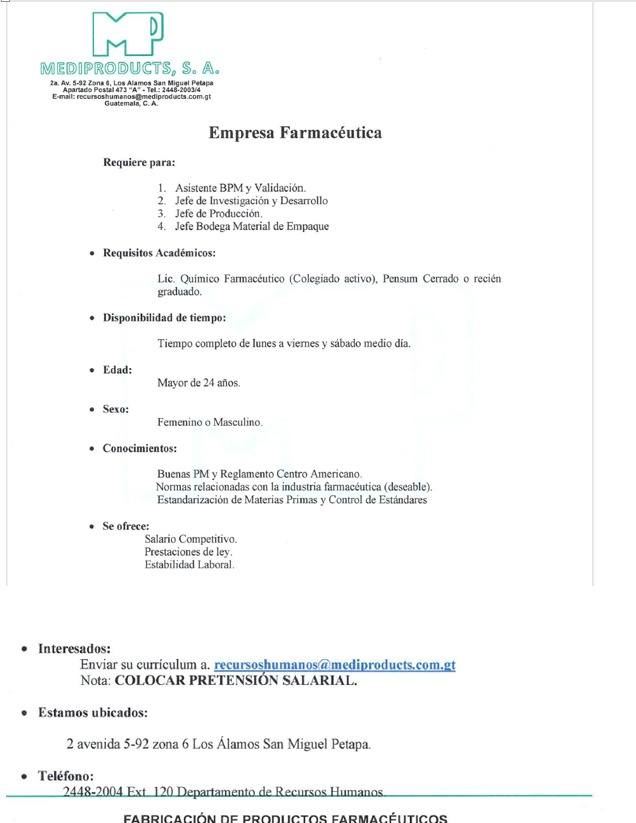 OFERTA LABORAL PARA QUÍMICO (A) FARMACÉUTICO (A)