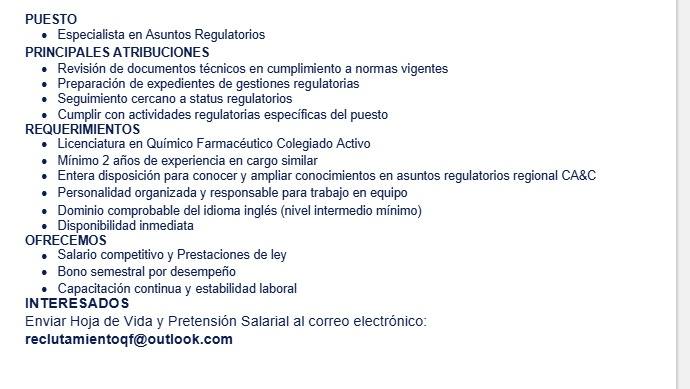 OFERTA LABORAL PARA QUÍMICO (A) FARMACÉUTICO (A) PARA ESPECIALISTA DE ASUNTOSREGULATORIOS