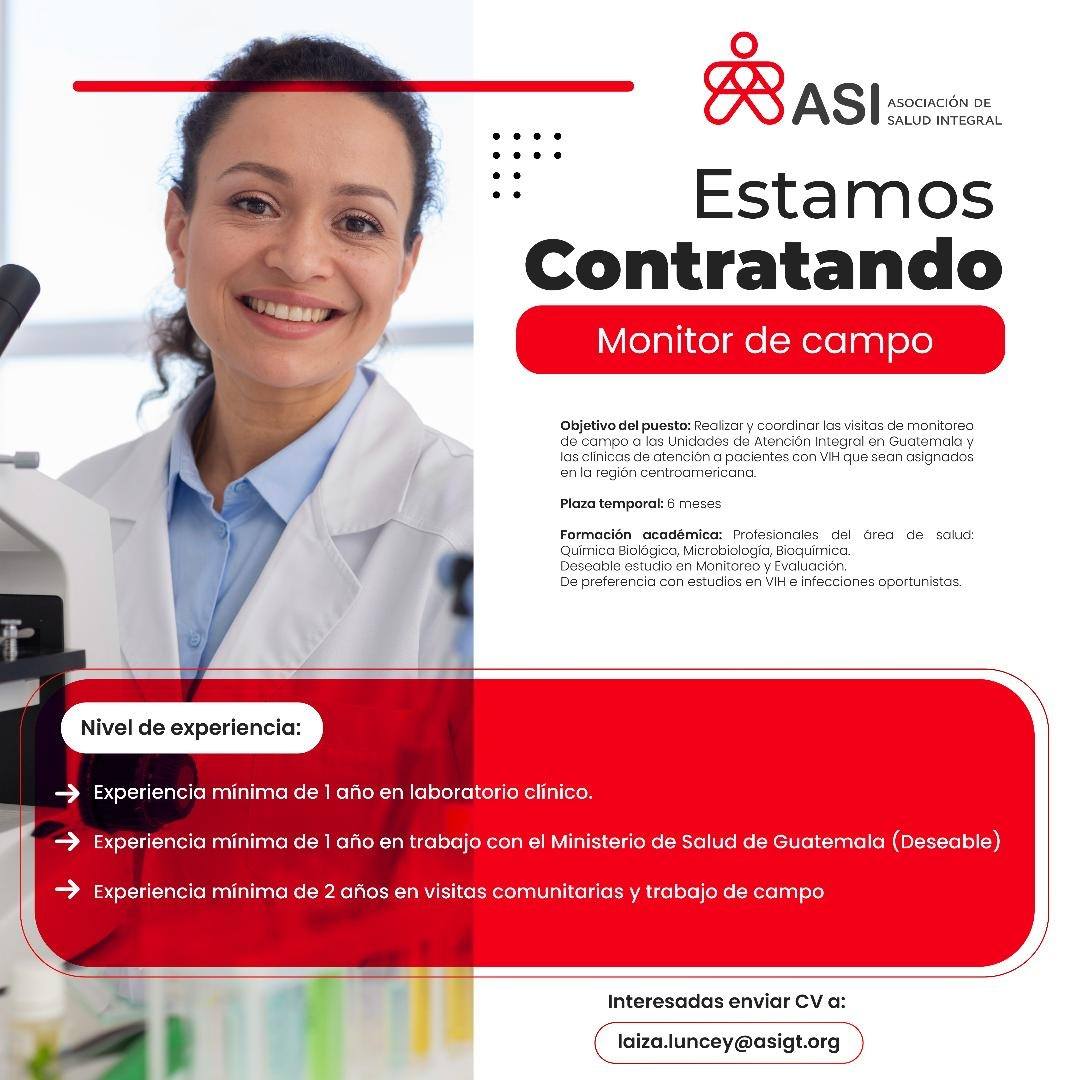 OFERTA LABORAL PARA QUÍMICO (A) BIÓLOGO (A) O BIOQUÍMICO (A) PARA MONITOR DE CAMPO