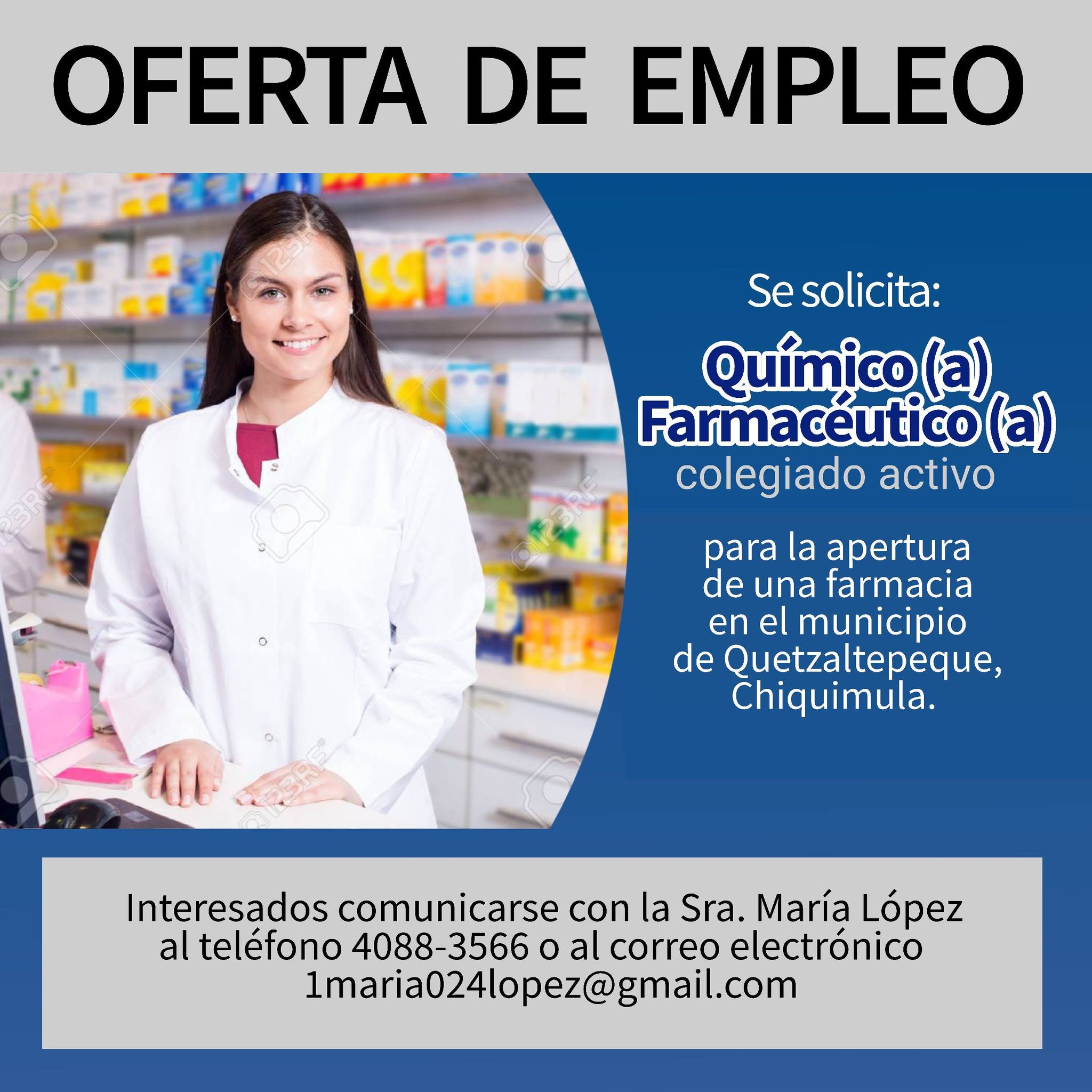 OFERTA LABORAL PARA QUÍMICO (A) FARMACÉUTICO (A)