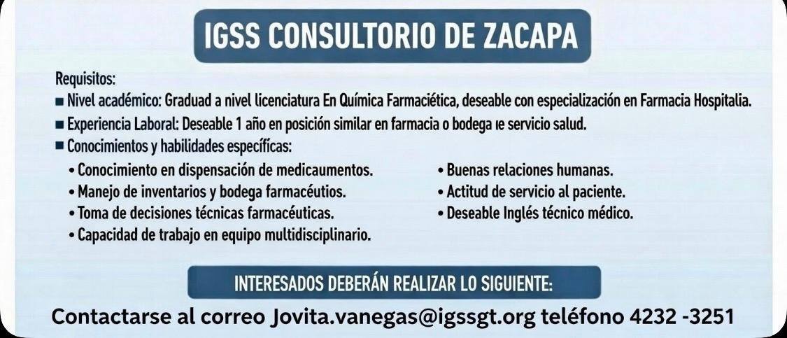 OFERTA LABORAL PARA QUÍMICO (A) FARMACÉUTICO (A)