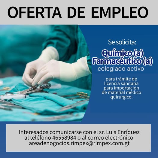 OFERTA LABORAL PARA QUÍMICO (A) FARMACÉUTICO (A)