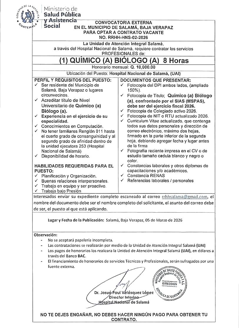 OFERTA LABORAL PARA QUÍMICO (A) BIÓLOGO (A) PARA EL HOSPITAL NACIONAL DE SALAMÁ