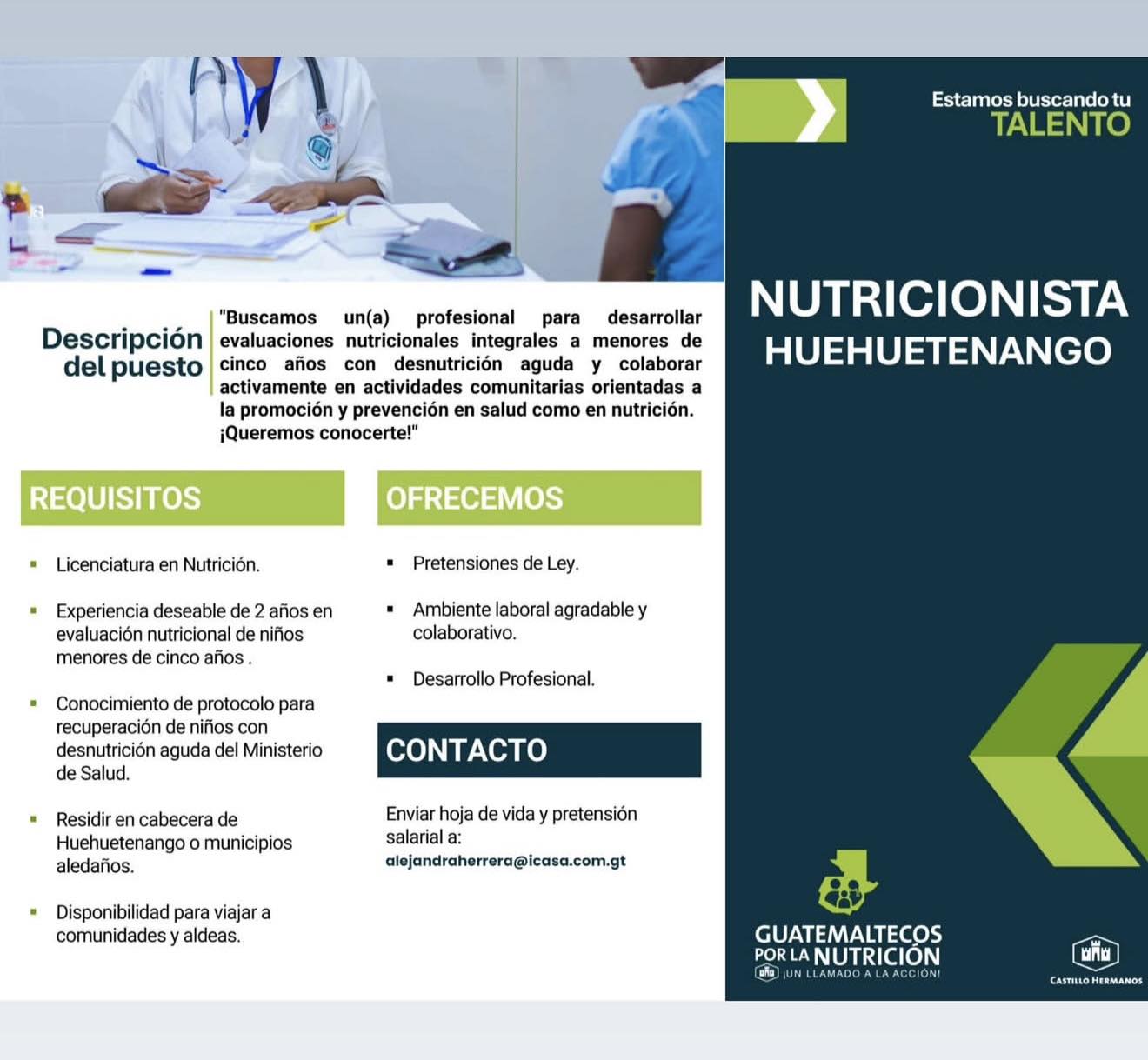 OFERTA LABORAL PARA NUTRICIONISTA EN HUEHUETENANGO