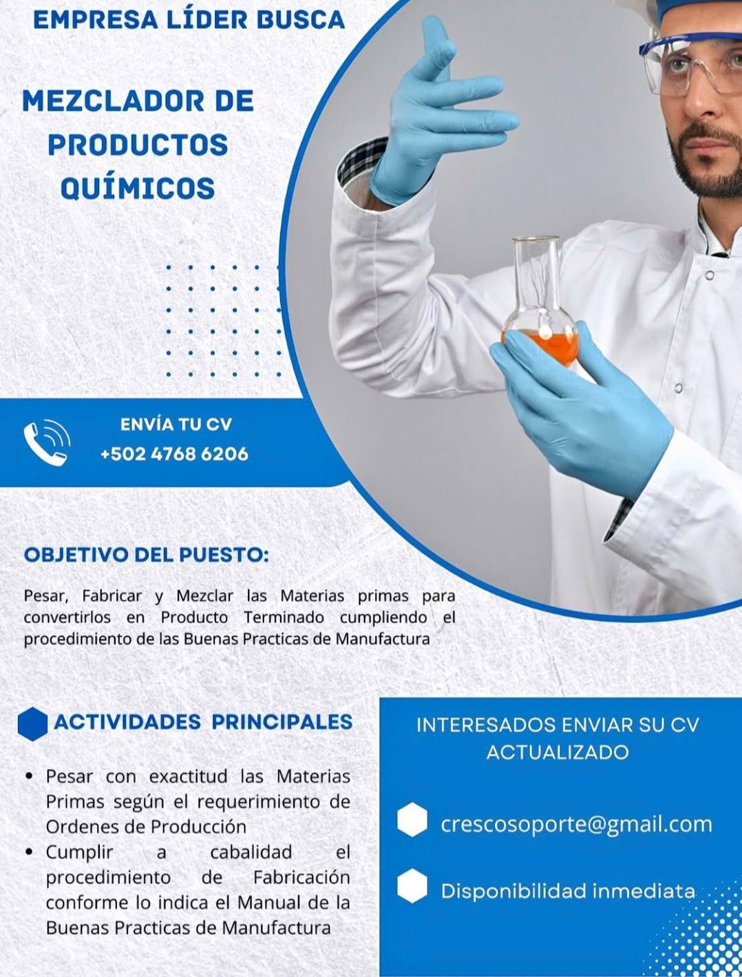 OFERTA LABORAL PARA QUÍMICO (A) FARMACÉUTICO (A)