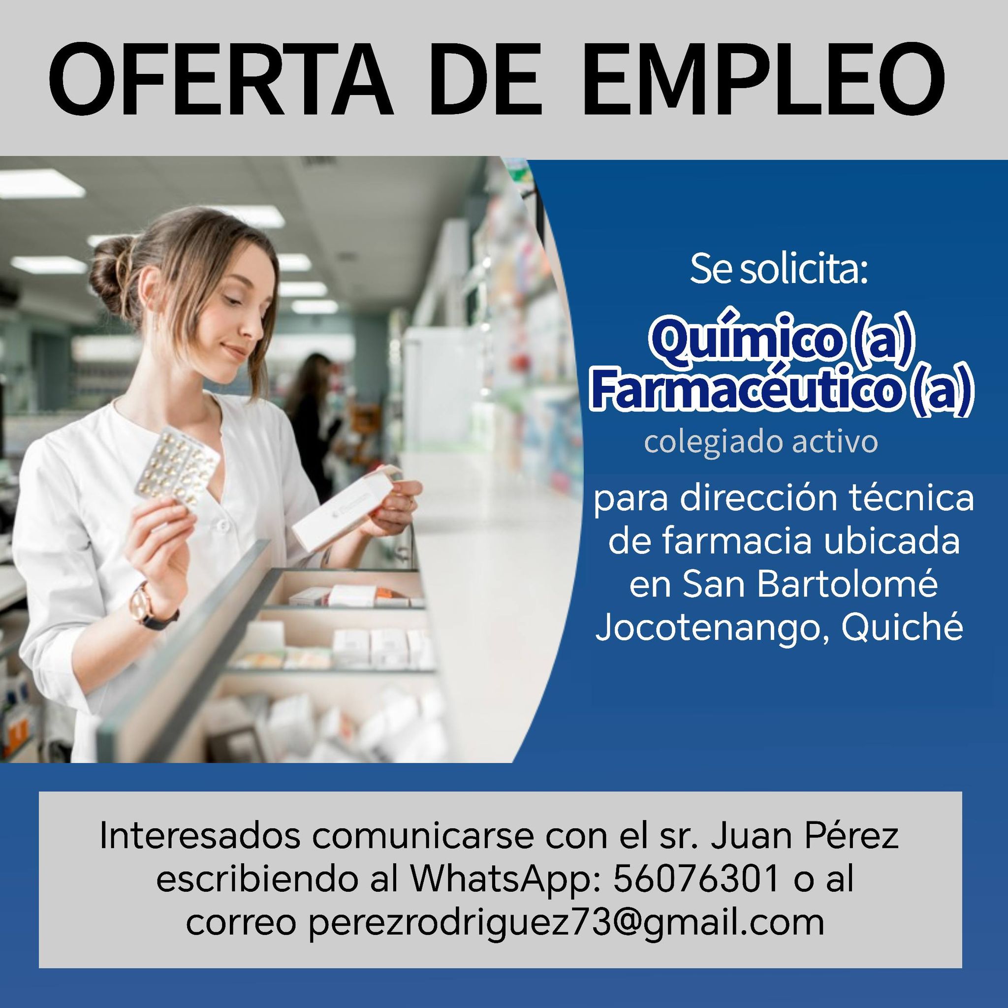 OFERTA LABORAL PARA QUÍMICO (A) FARMACÉUTICO (A) EN QUICHÉ