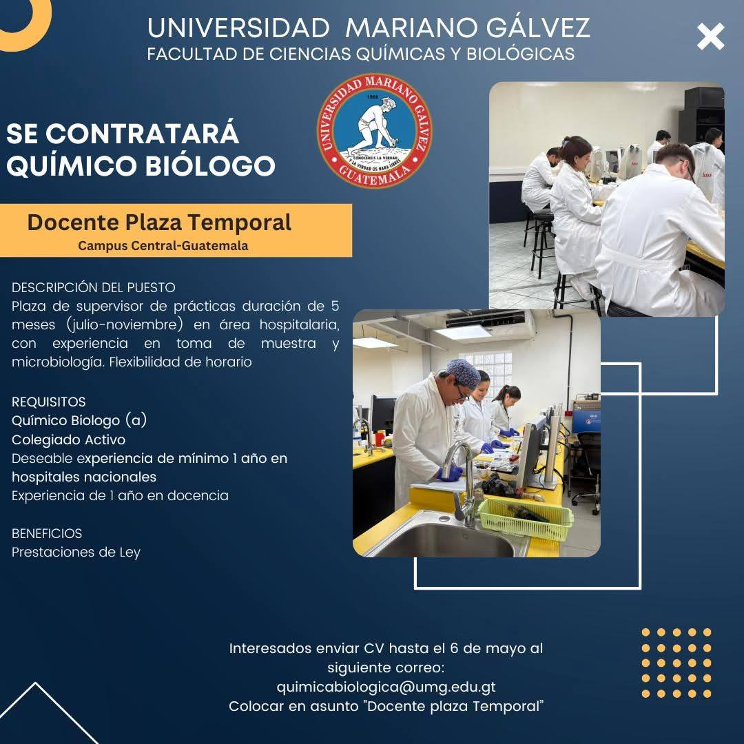 OFERTA LABORAL PARA QUÍMICO (A) BIÓLOGO (A)