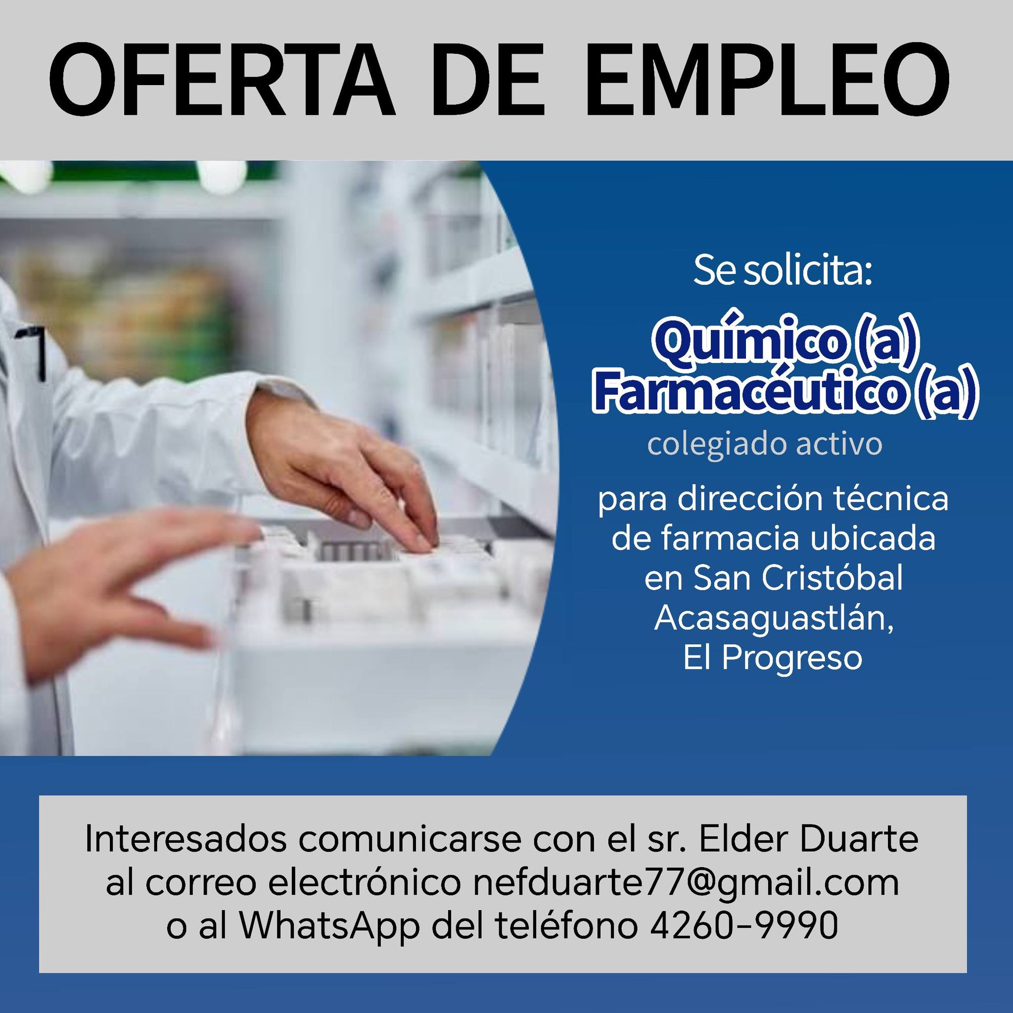 OFERTA LABORAL PARA QUÍMICO (A) FARMACÉUTICO (A)
