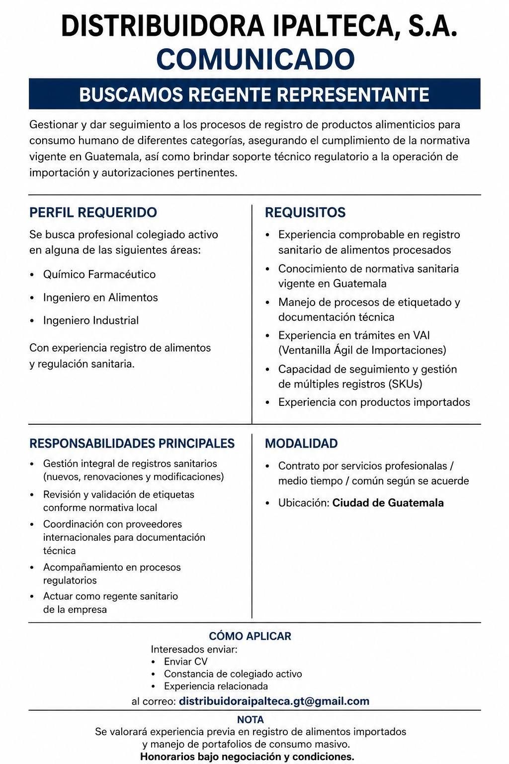 OFERTA LABORAL PARA QUÍMICO (A) FARMACÉUTICO (A)