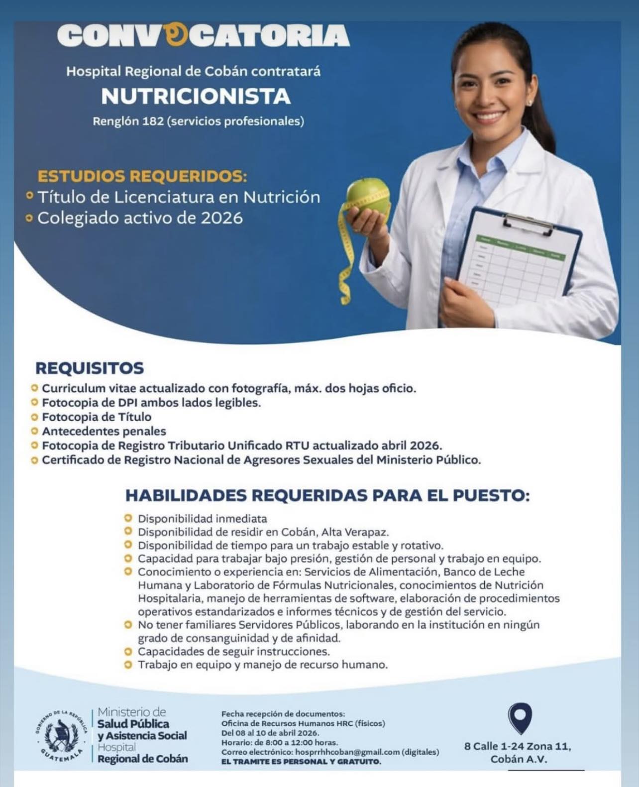 OFERTA LABORAL PARA NUTRICIONISTA EN EL HOSPITAL REGIONAL DE COBÁN, ALTA VERAPAZ