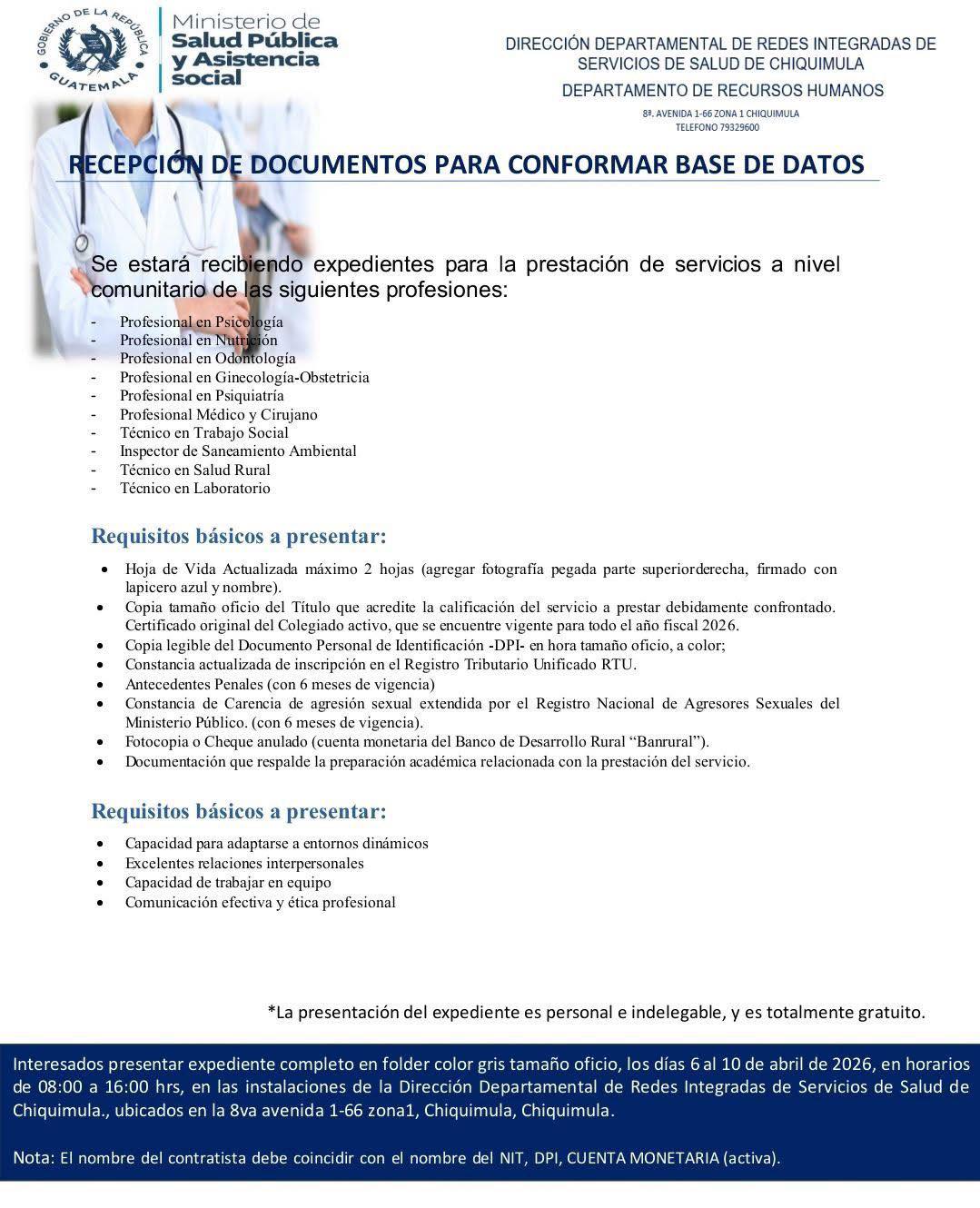OFERTA LABORAL PARA NUTRICIONISTA EN CHIQUIMULA