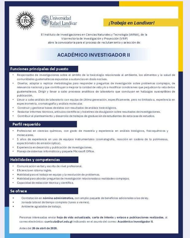 OFERTA LABORAL PARA PROFESIONAL DE LAS CIENCIAS QUÍMICAS
