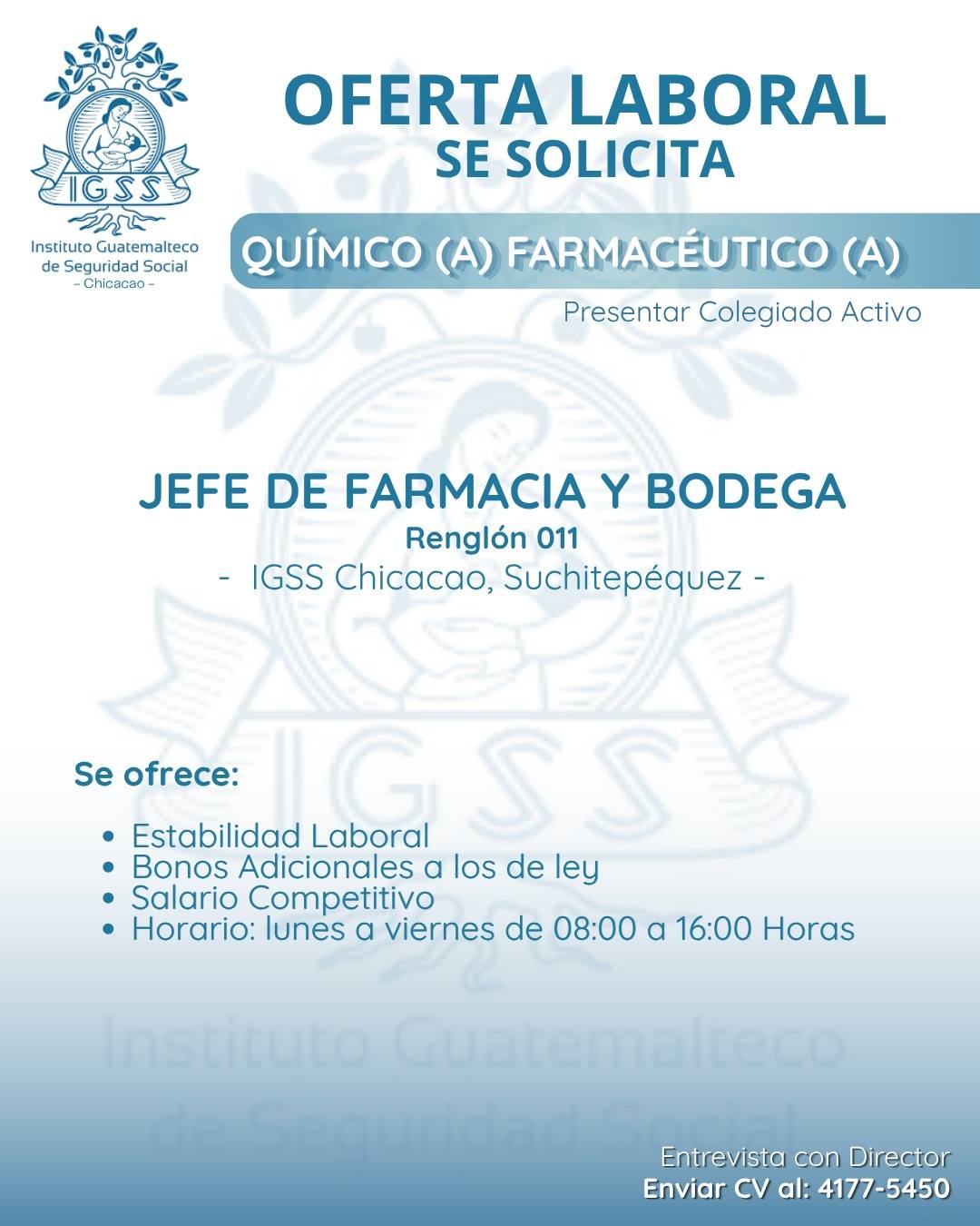 OFERTA LABORAL PARA QUÍMICO (A) FARMACÉUTICO (A) EN SUCHITEPÉQUEZ