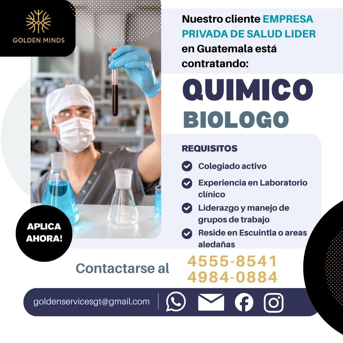 OFERTA LABORAL PARA QUÍMICO (A) BIÓLOGO (A)