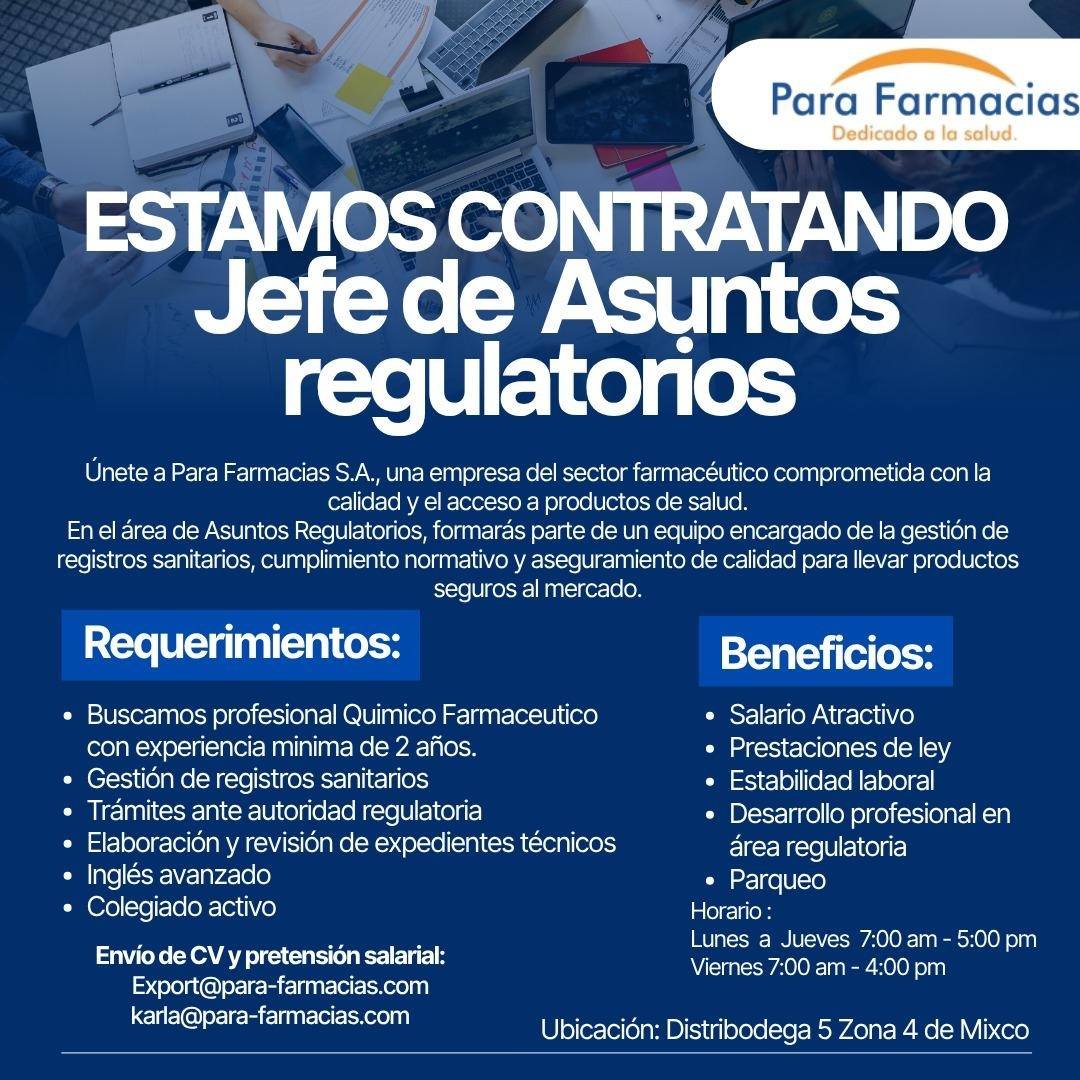 OFERTA LABORAL PARA QUÍMICO (A) FARMACÉUTICO (A)