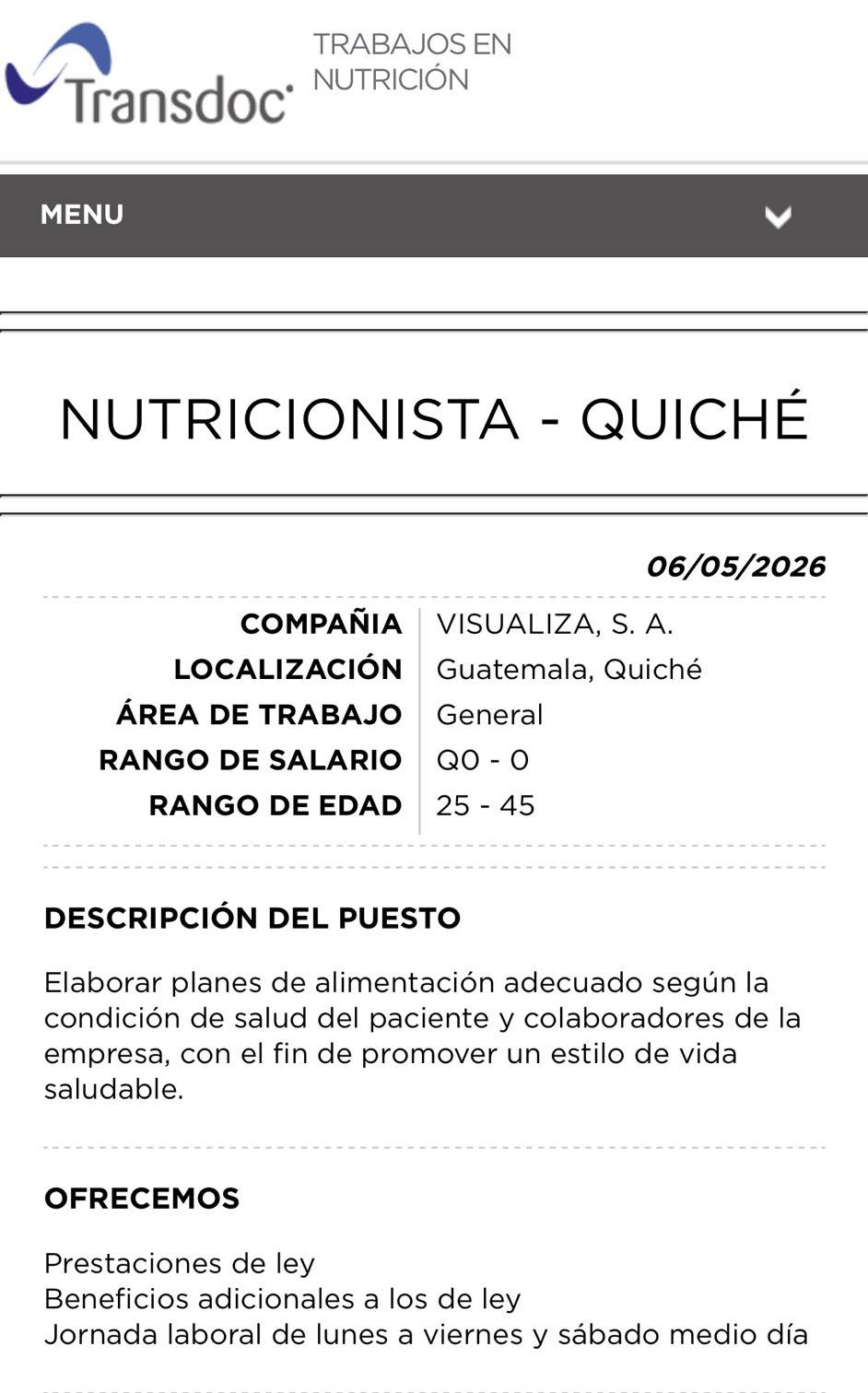 OFERTA PARA NUTRICIONISTA EN QUICHÉ