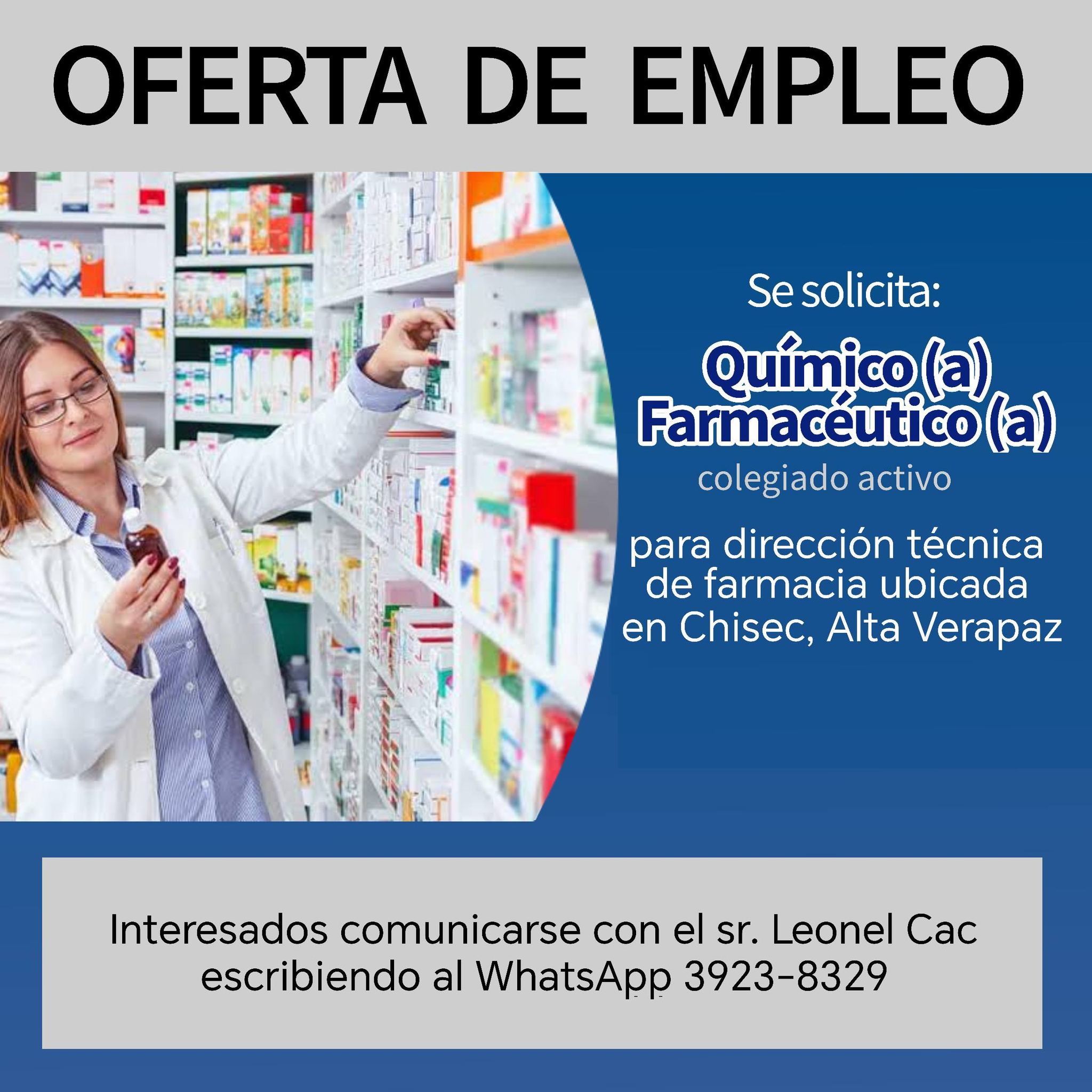 OFERTA LABORAL PARA QUÍMICO (A) FARMACÉUTICO (A) PARA ALTA VERAPAZ