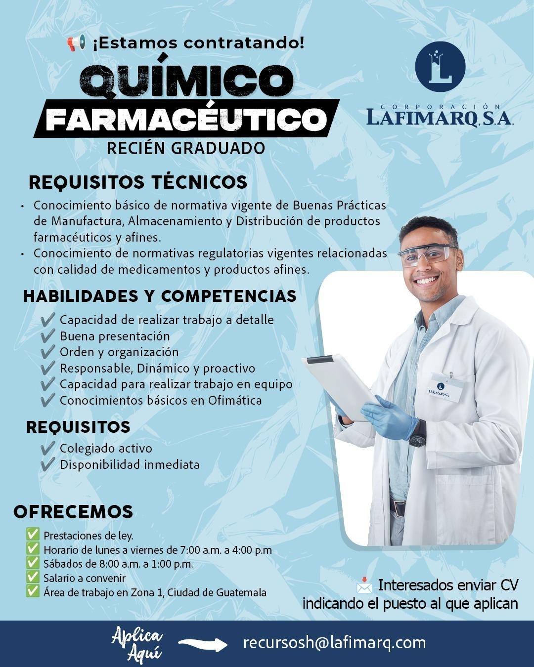 OFERTA LABORAL PARA QUÍMICO (A) FARMACÉUTICO (A) RECIÉN GRADUADO