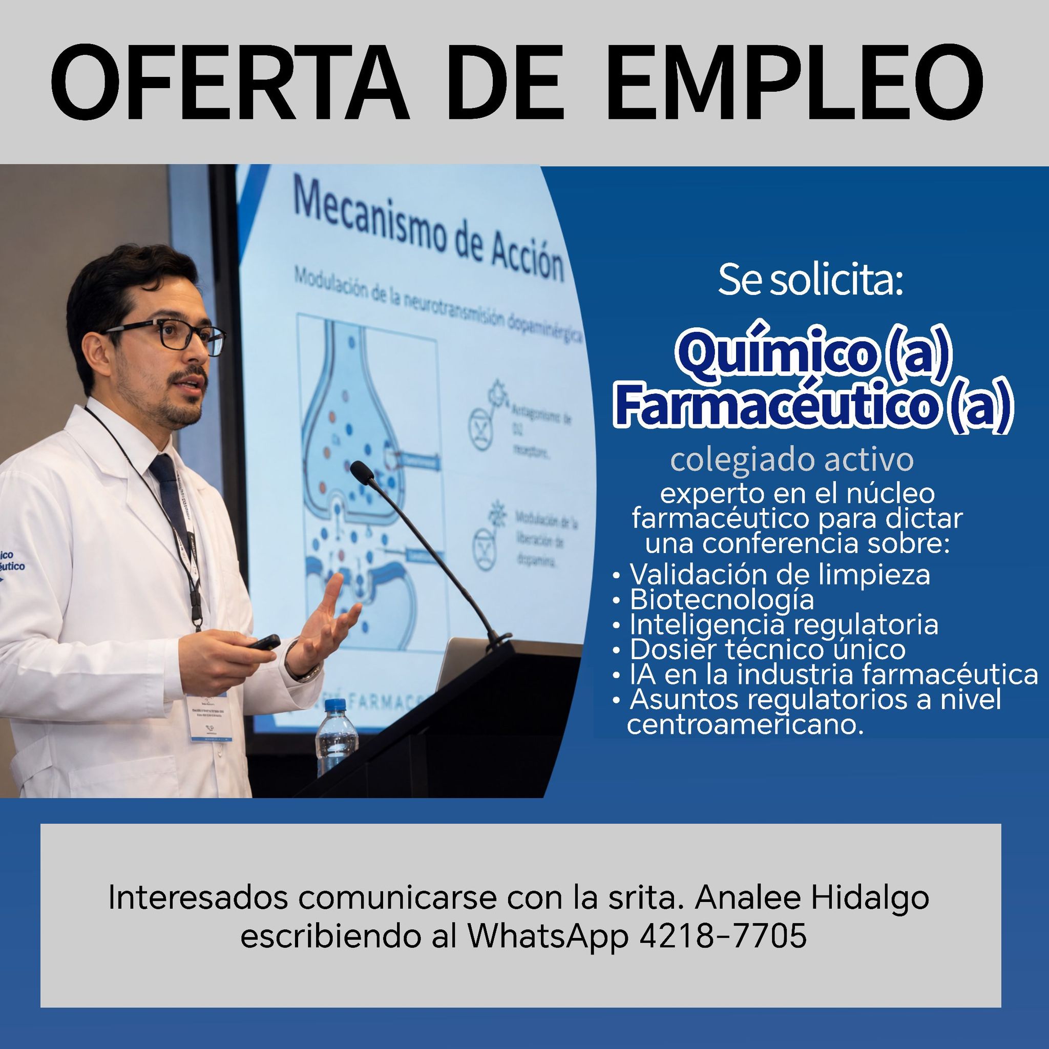 OFERTA LABORAL PARA QUÍMICO (A) FARMACÉUTICO (A)