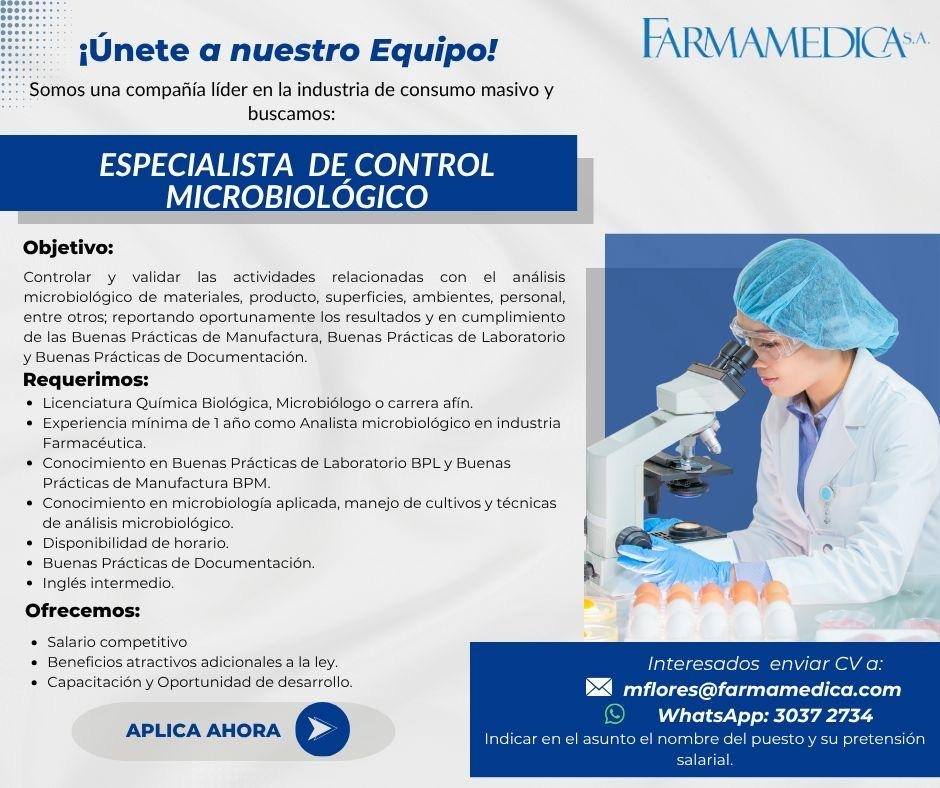 OFERTA LABORAL PARA QUÍMICO (A) BIÓLOOGO (A) O MICROBIÓLOGO (A)
