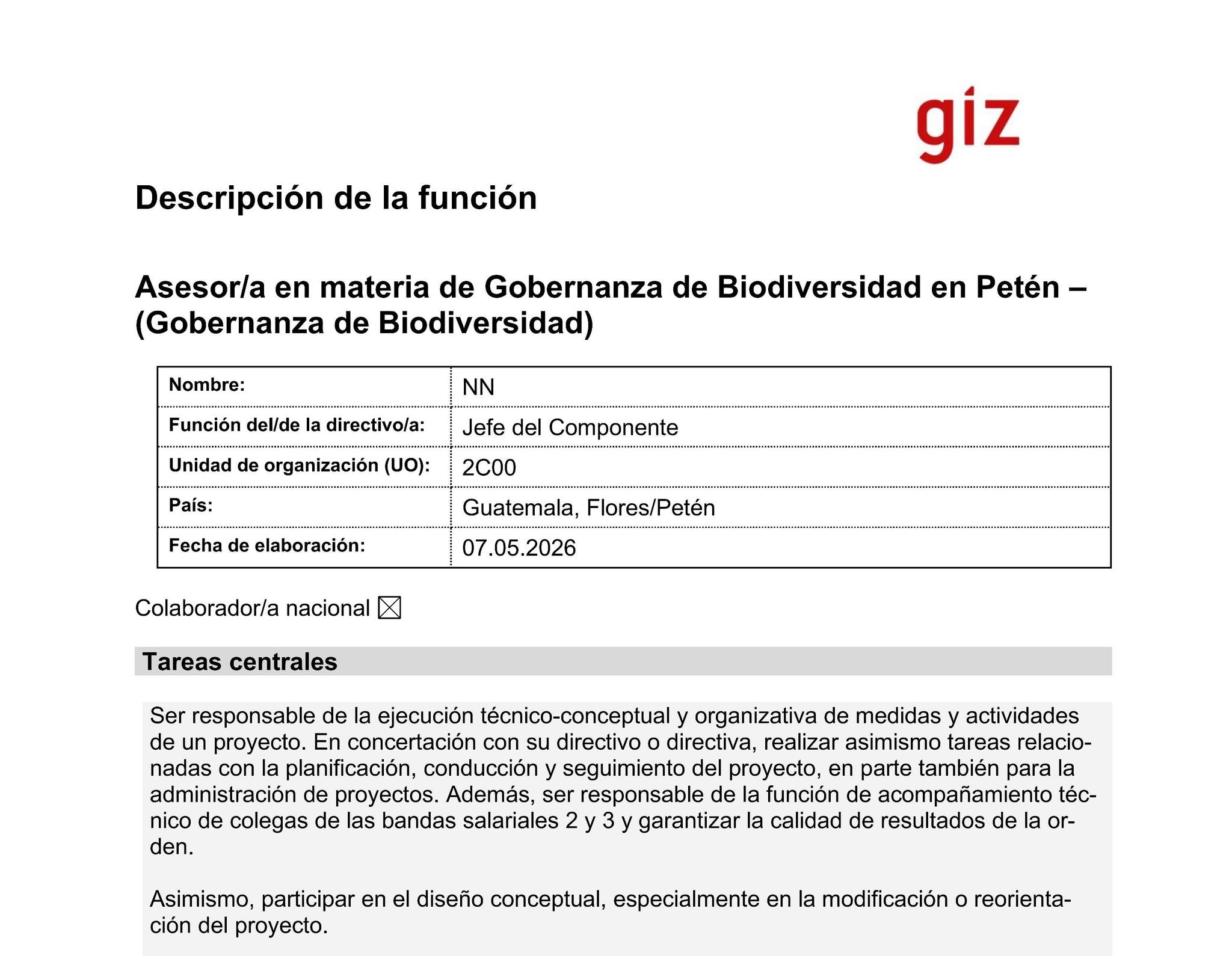 OFERTA LABORAL PARA BIÓLOGO (A)