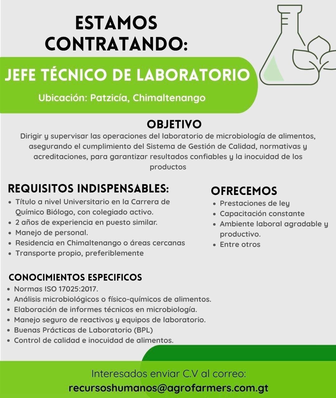 OFERTA LABORAL PARA QUÍMICO (A) BIÓLOGO (A)