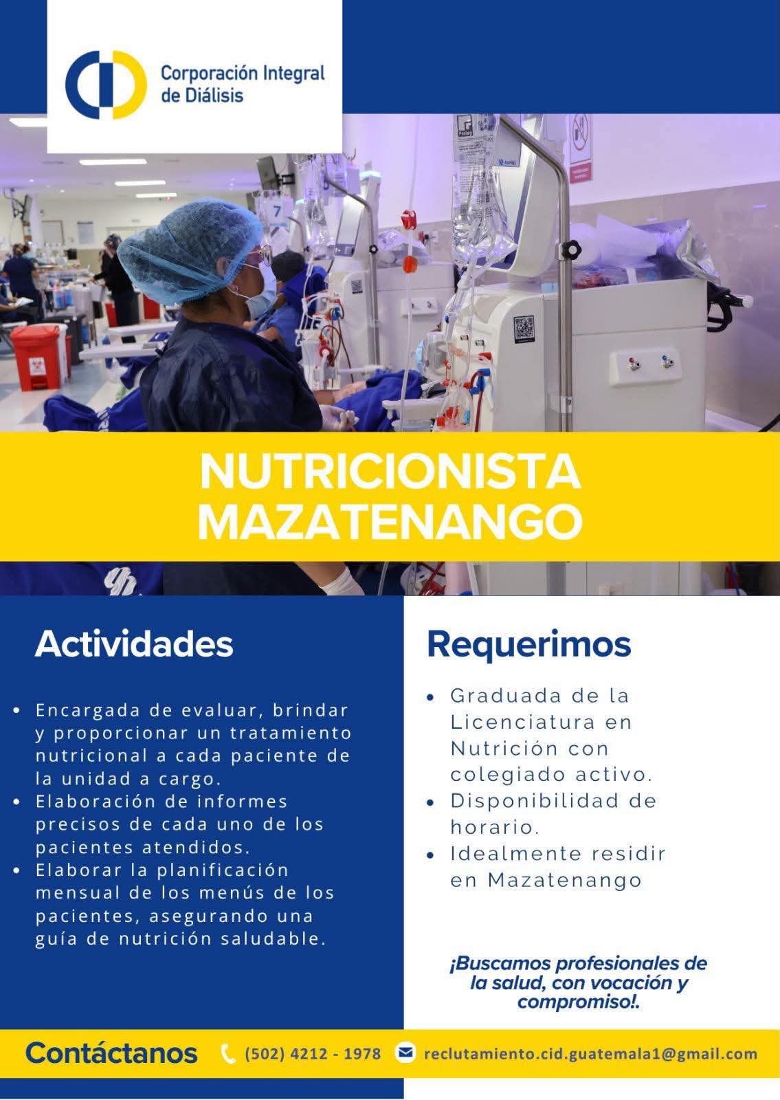 OFERTA LABORAL PARA NUTRICIONISTA EN MAZATENANGO
