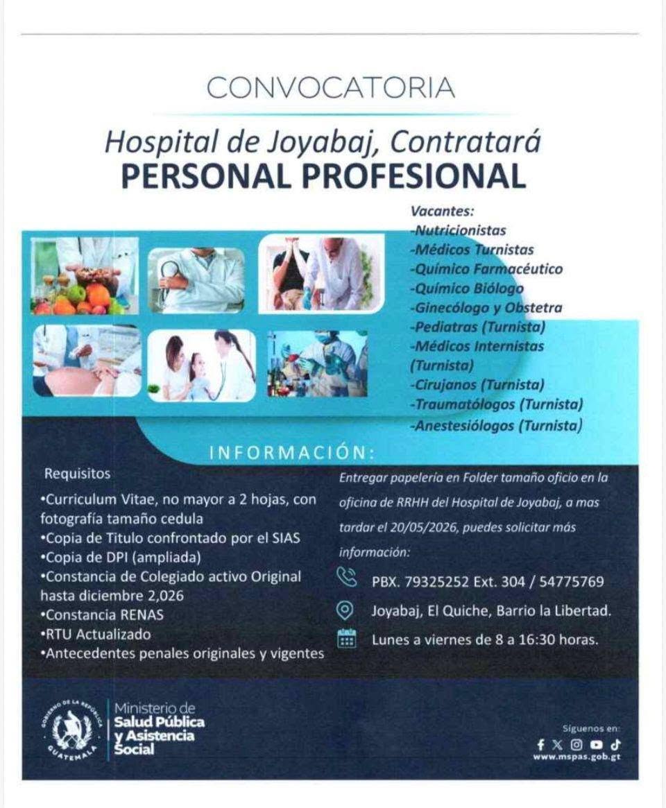 OPORTUNIDAD PARA QUÍMICOS FARMACÉUTICOS, QUÍMICO BIÓLOGOS Y NUTRICIONISTAS PARA QUICHÉ