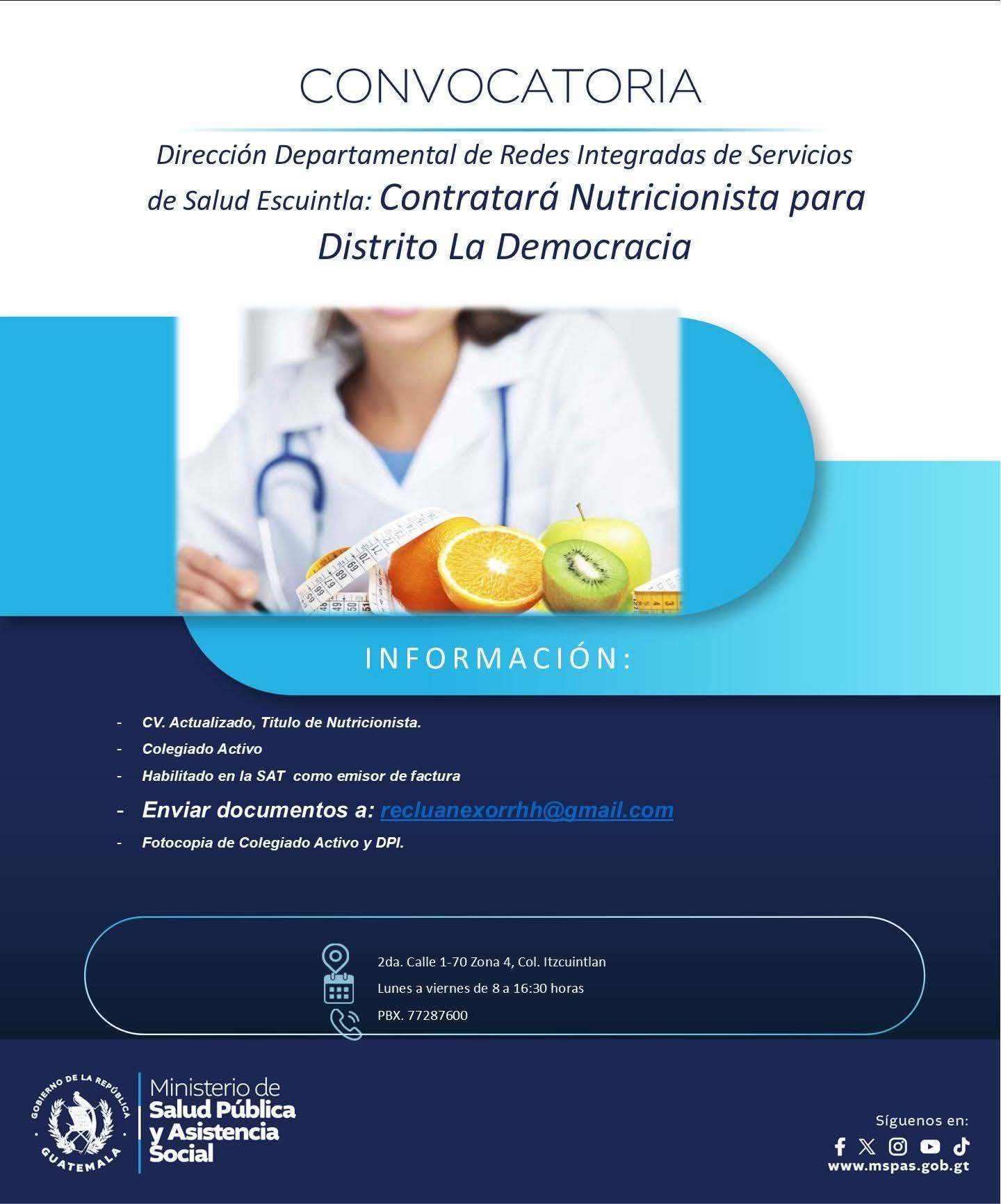 OFERTA LABORAL PARA NUTRICIONISTA EN ESCUINTLA