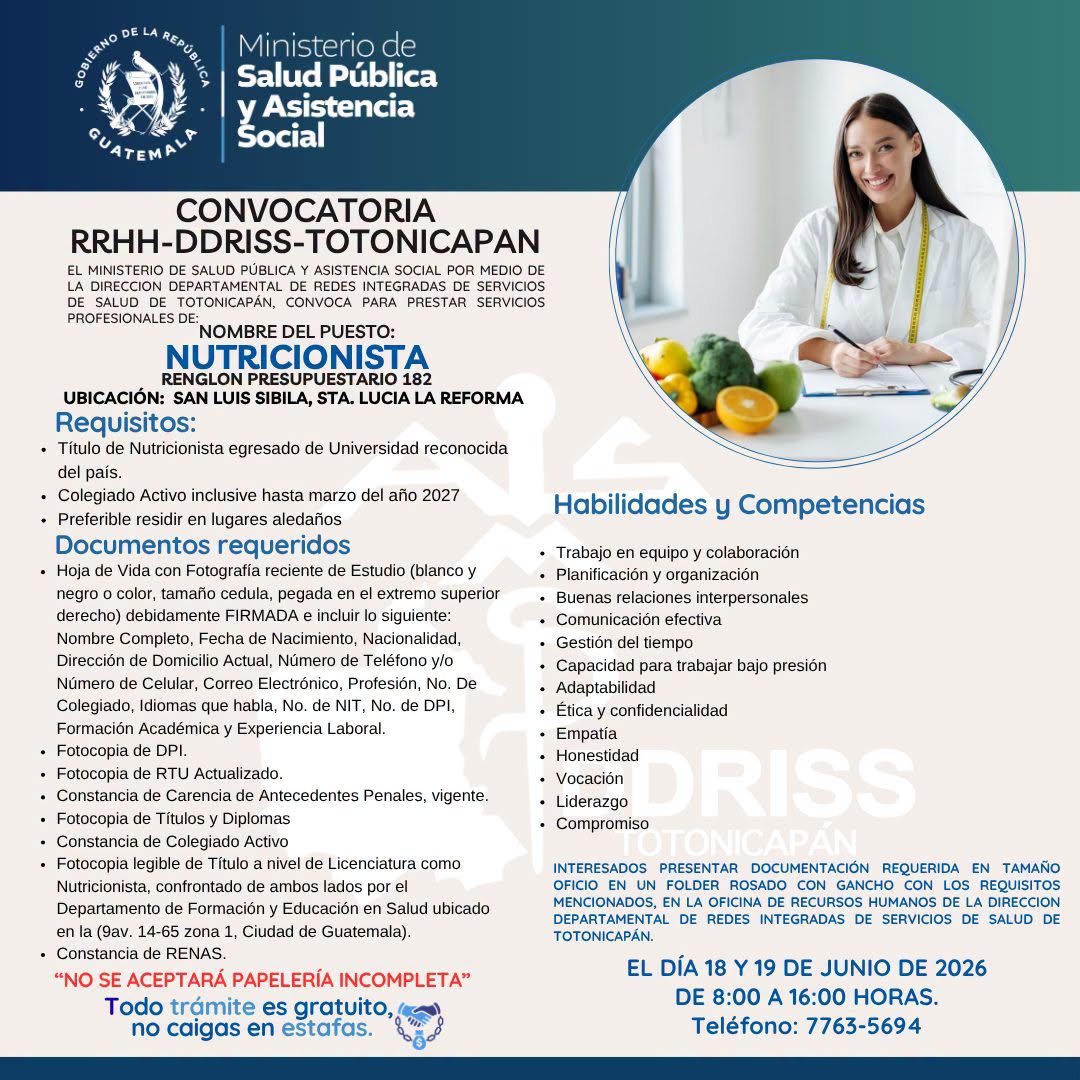 OFERTA LABORAL PARA NUTRICIONISTA EN TOTONICAPÁN