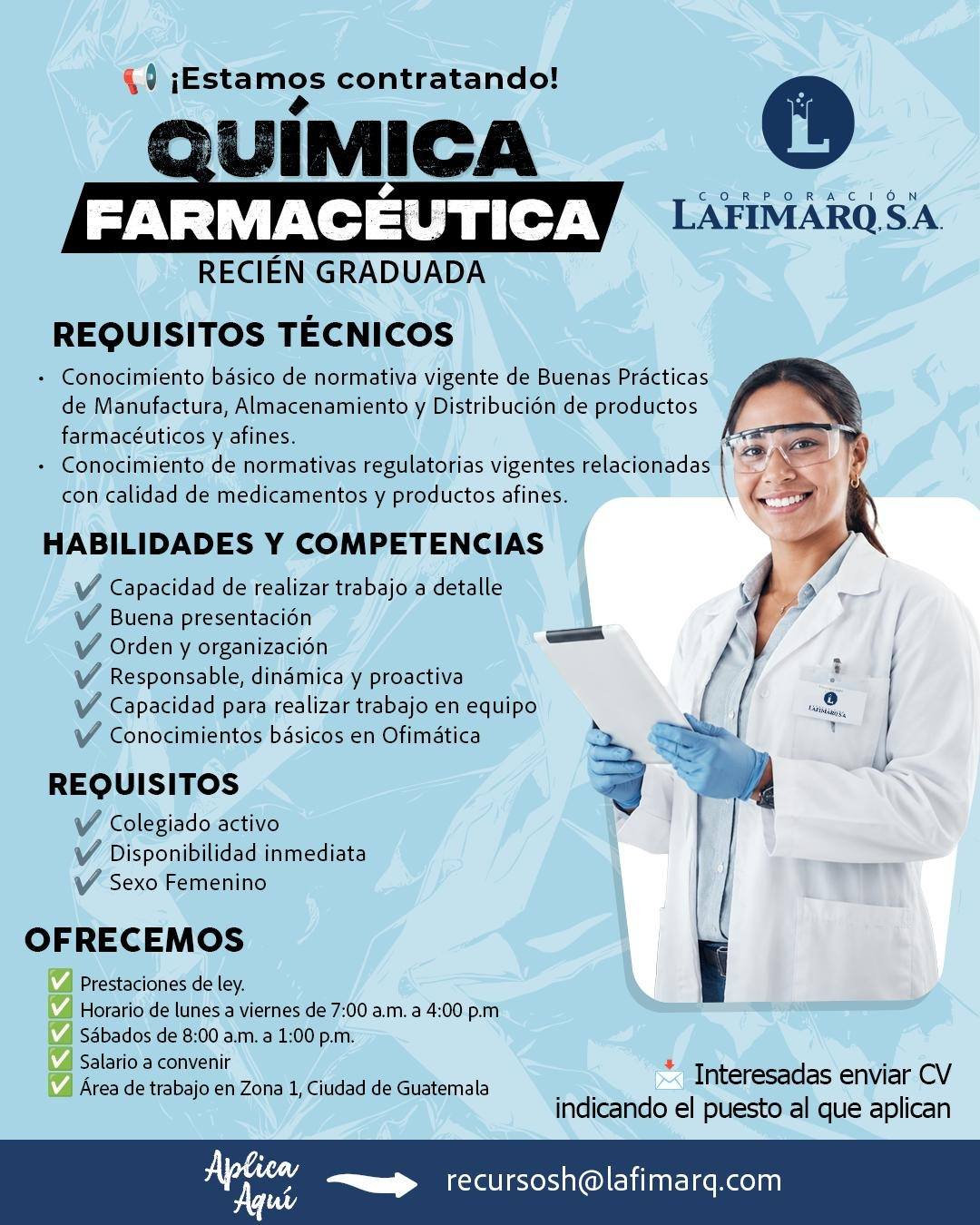 OFERTA LABORAL PARA QUÍMICO (A) FARMACÉUTICO (A)