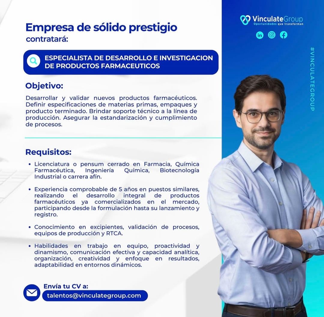 OFERTA LABORAL PARA QUÍMICO (A) FARMACÉUTICO (A)