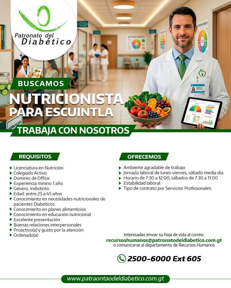 OFERTA LABORAL PARA NUTRICIONISTA EN ESCUINTLA