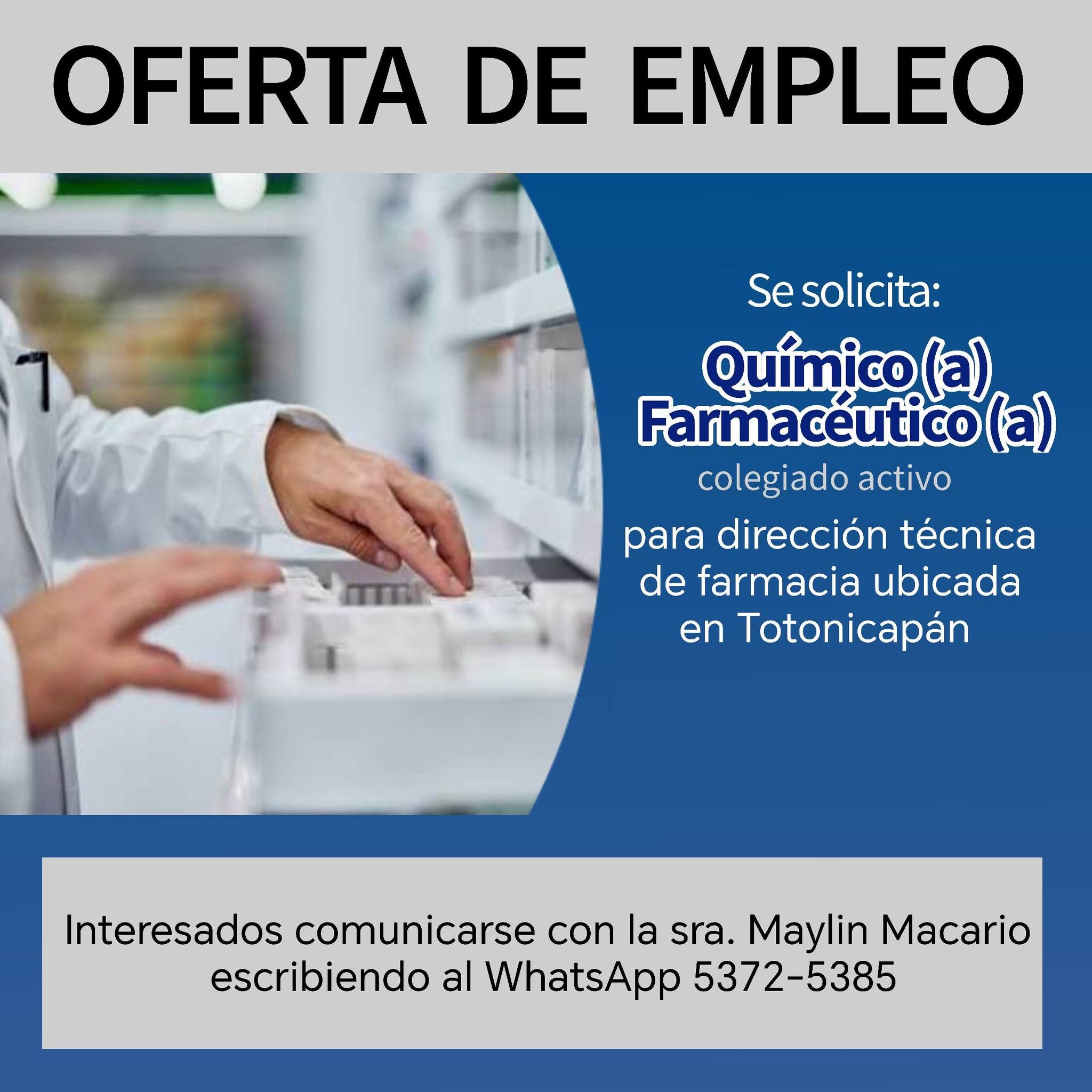 OFERTA LABORAL PARA QUÍMICO (A) FARMACÉUTICO (A) EN TOTONICAPÁN