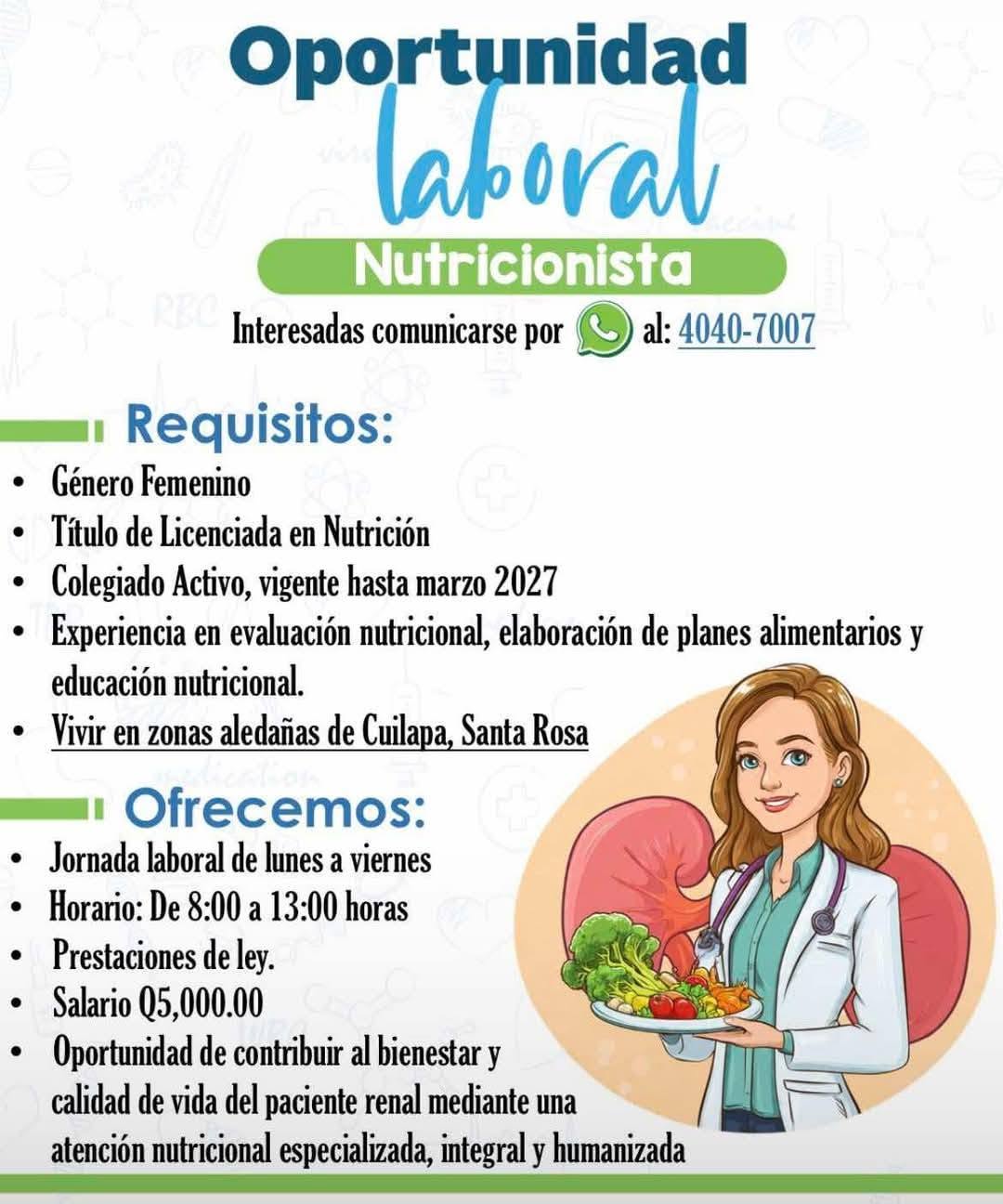 OFERTA LABORAL PARA NUTRICIONISTA