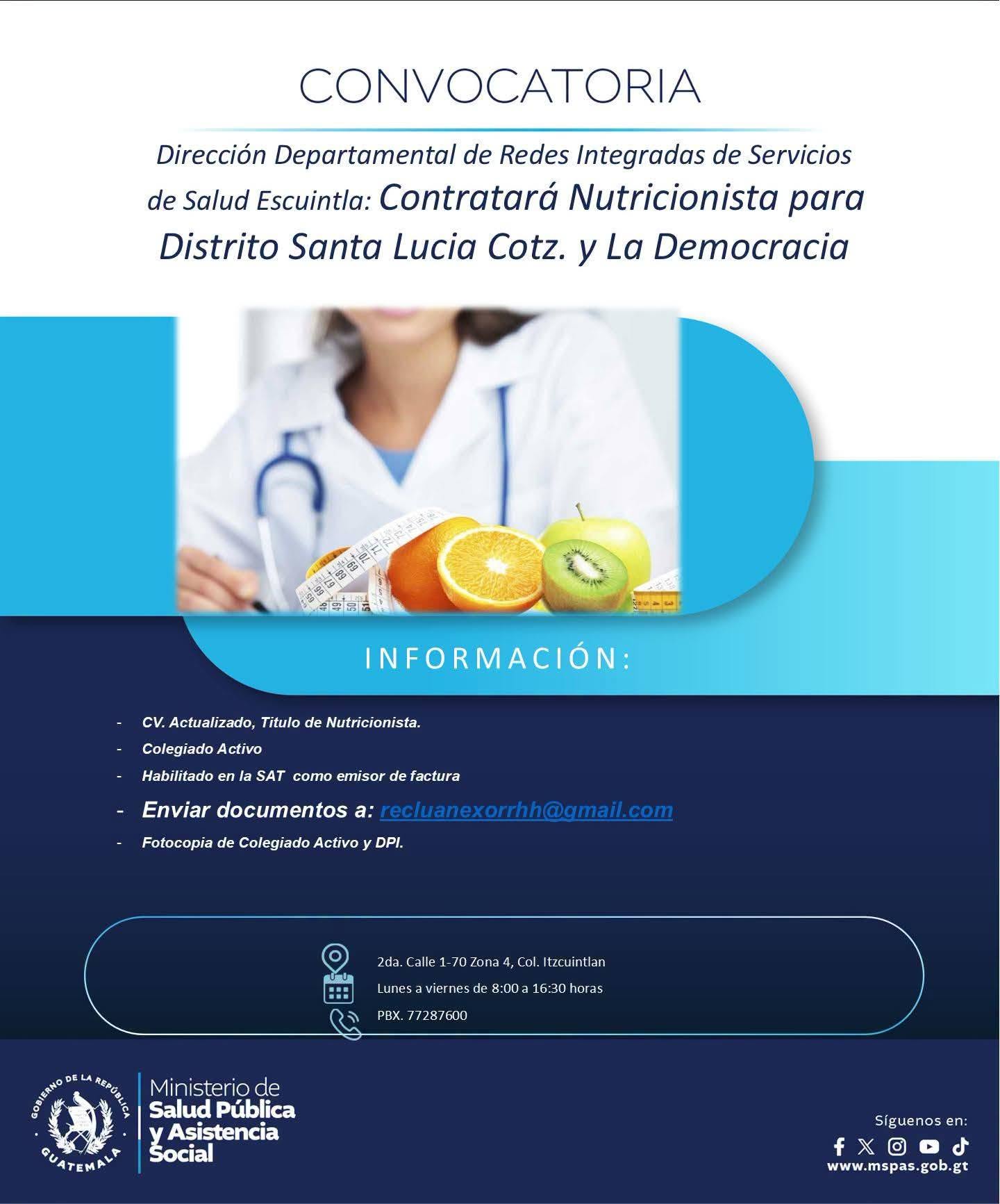 OFERTA PARA NUTRICIONISTA EN ESCUINTLA