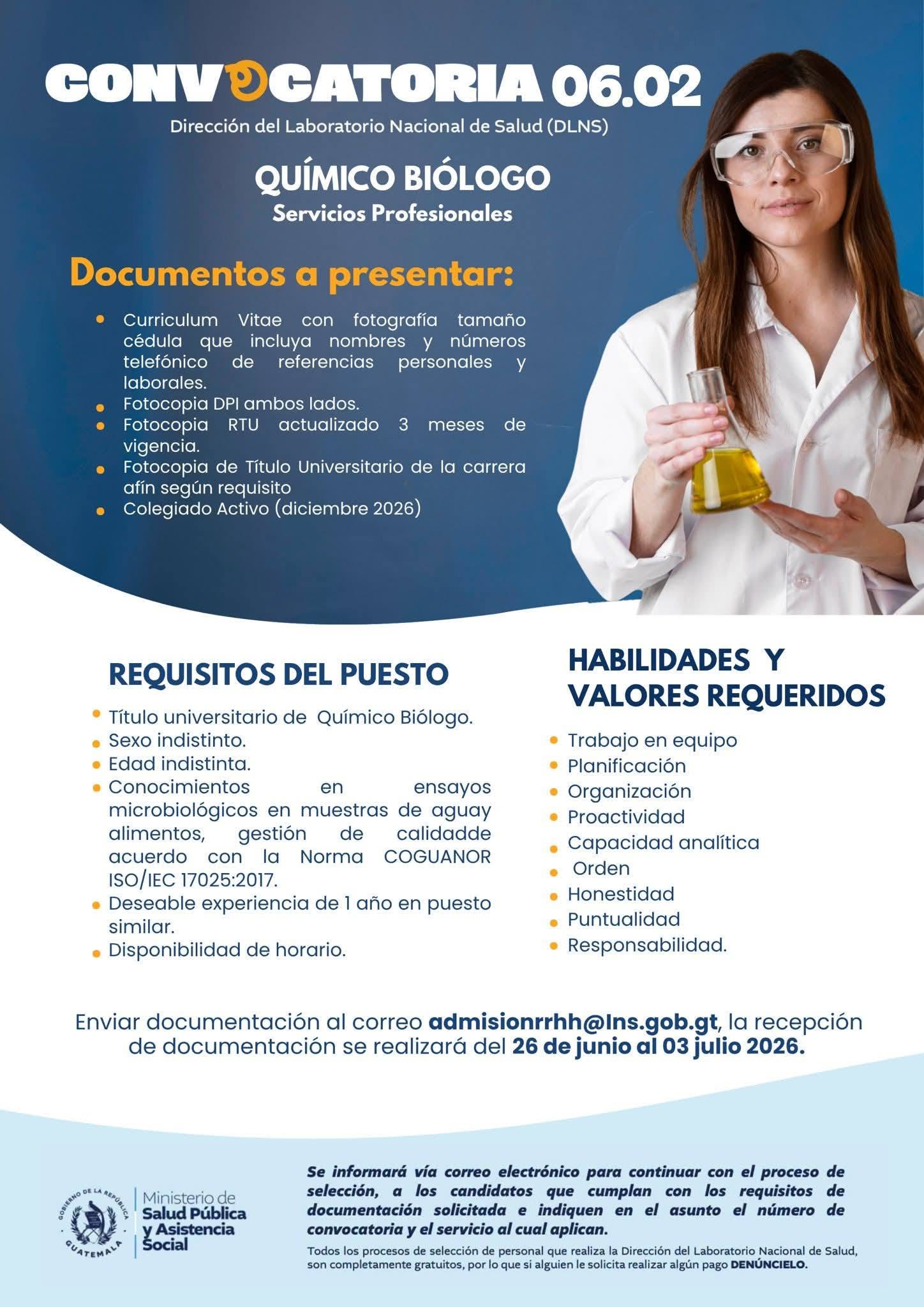 OFERTA LABORAL PARA QUÍMICO (A) BIÓLOGO (A)