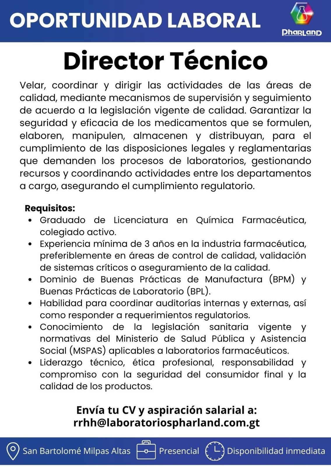 OFERTA LARORAL PARA QUÍMICO (A) FARMACÉUTICO (A)