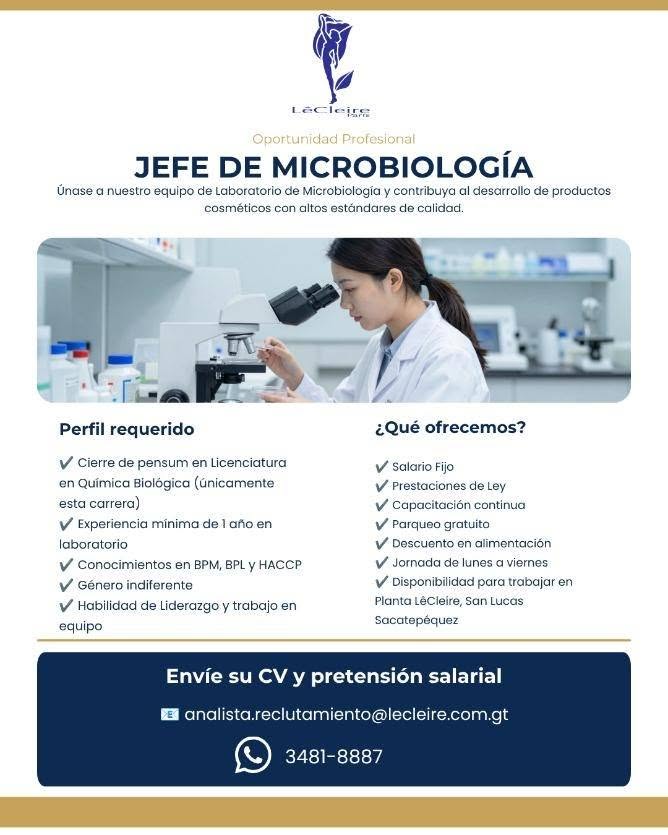 OPORTUNIDAD LABORAL PARA QUÍMICO (A) BIÓLOGO (A)