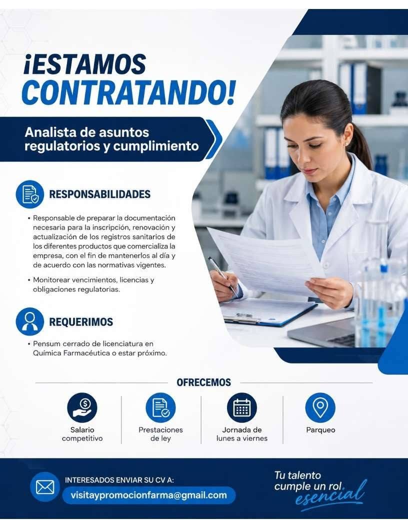 OFERTA LABORAL PARA QUÍMICO (A) FARMACÉUTICO (A)