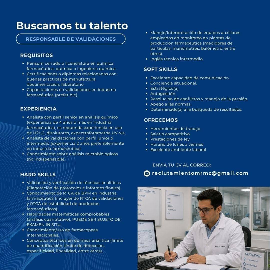 OFERTA LABORAL PARA QUÍMICO (A) FARMACÉUTICO (A) O QUÍMICO (A)