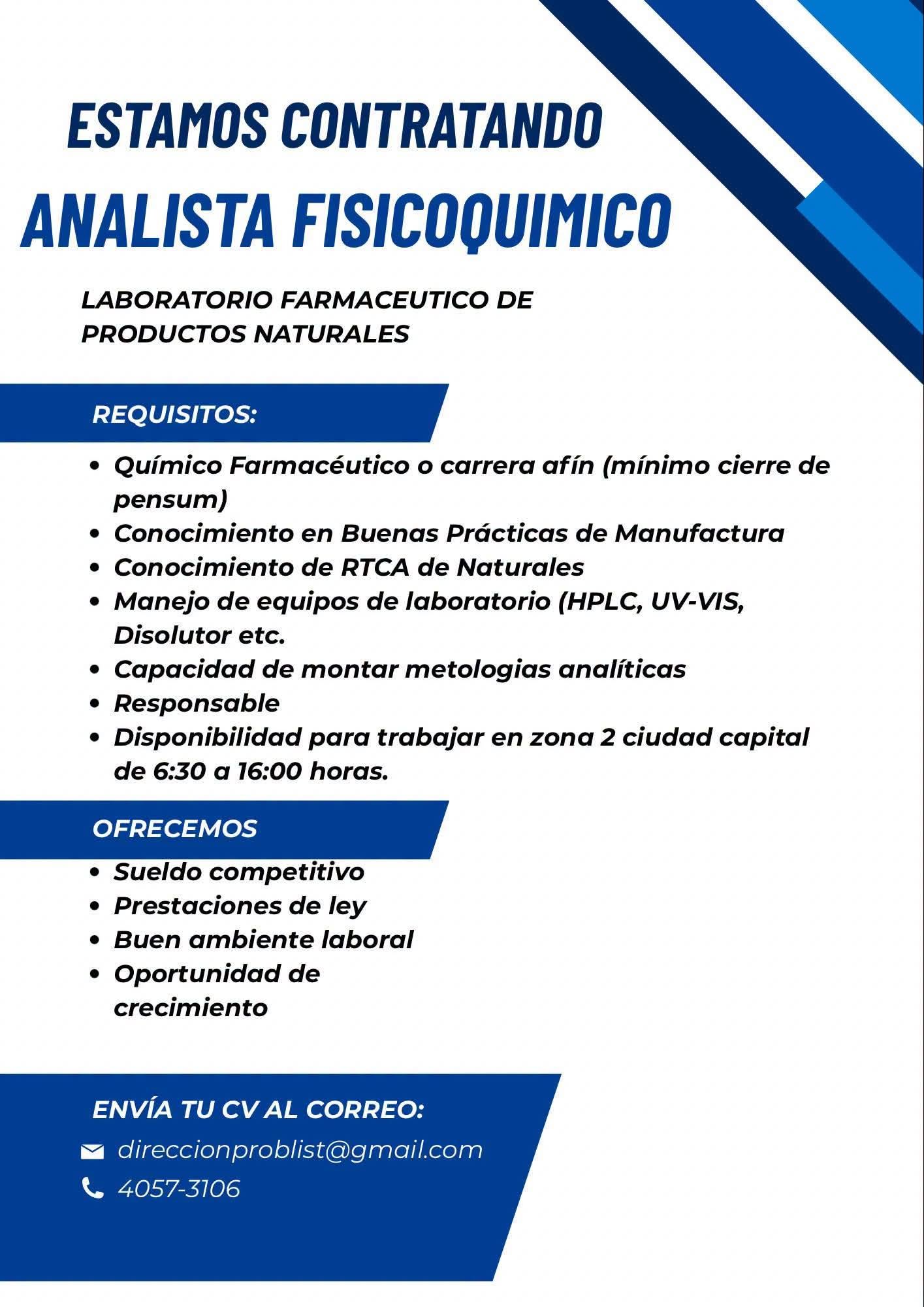 OFERTA LABORAL PARA QUÍMICO (A) FARMACÉUTICO (A)