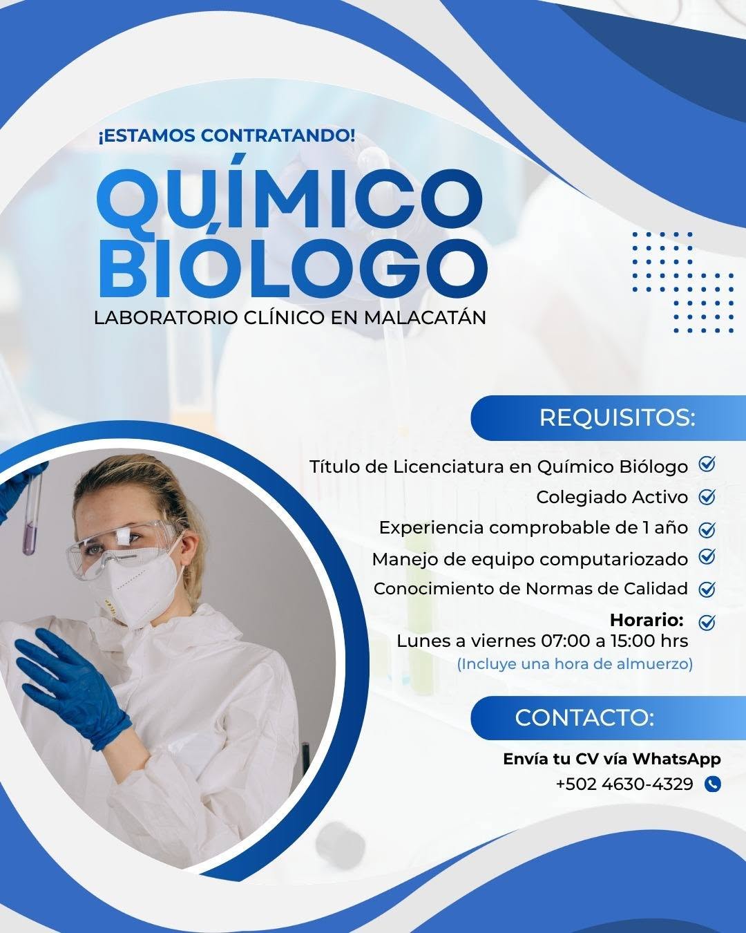 OFERTA LABORAL PARA QUÍMICO (A) BIÓLOGO (A)