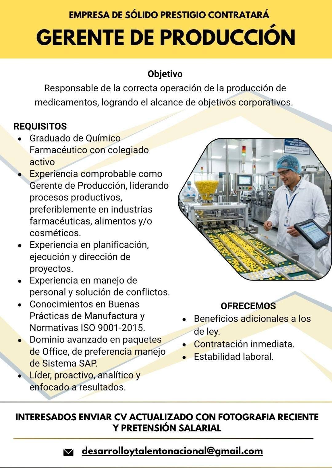 OFERTA LABORAL PARA QUÍMICO (A) FARMACÉUTICO (A)