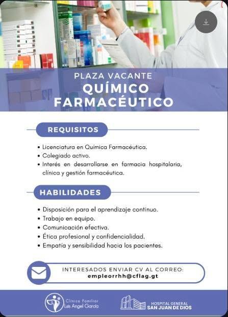 OFERTA LABORAL PARA QUÍMICO (A) FARMACÉUTICO (A)