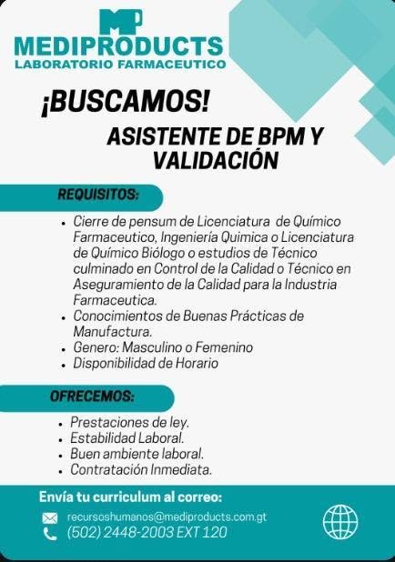 OFERTA LABORAL PARA QUÍMICO (A) FARMACÉUTICO (A)